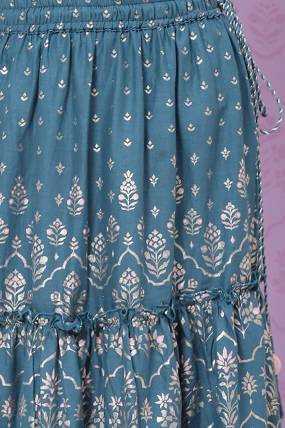 Peach And Teal Straight Poly Cotton Girls Lehenga Set image number 3