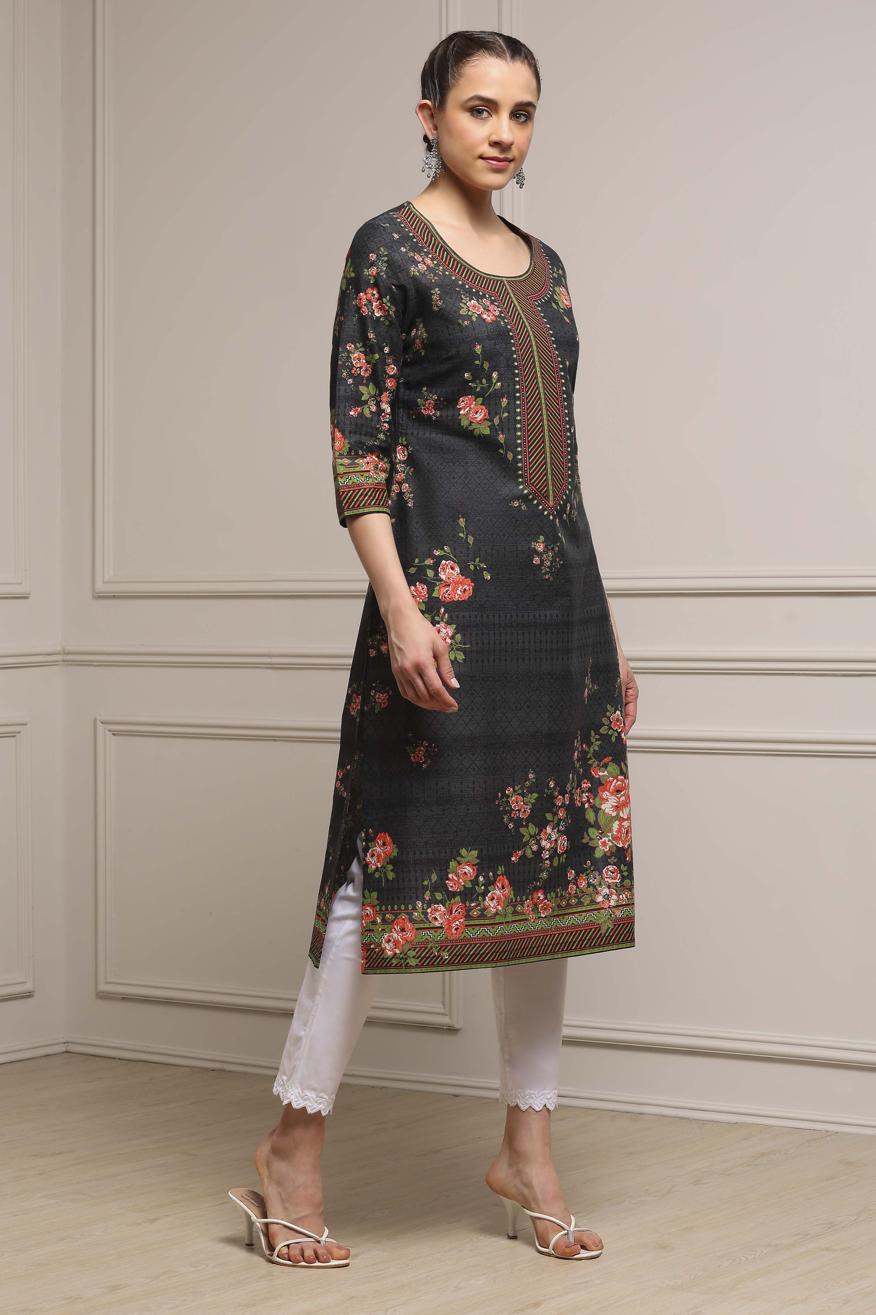 Black Cotton Printed Straight Kurta image number 4