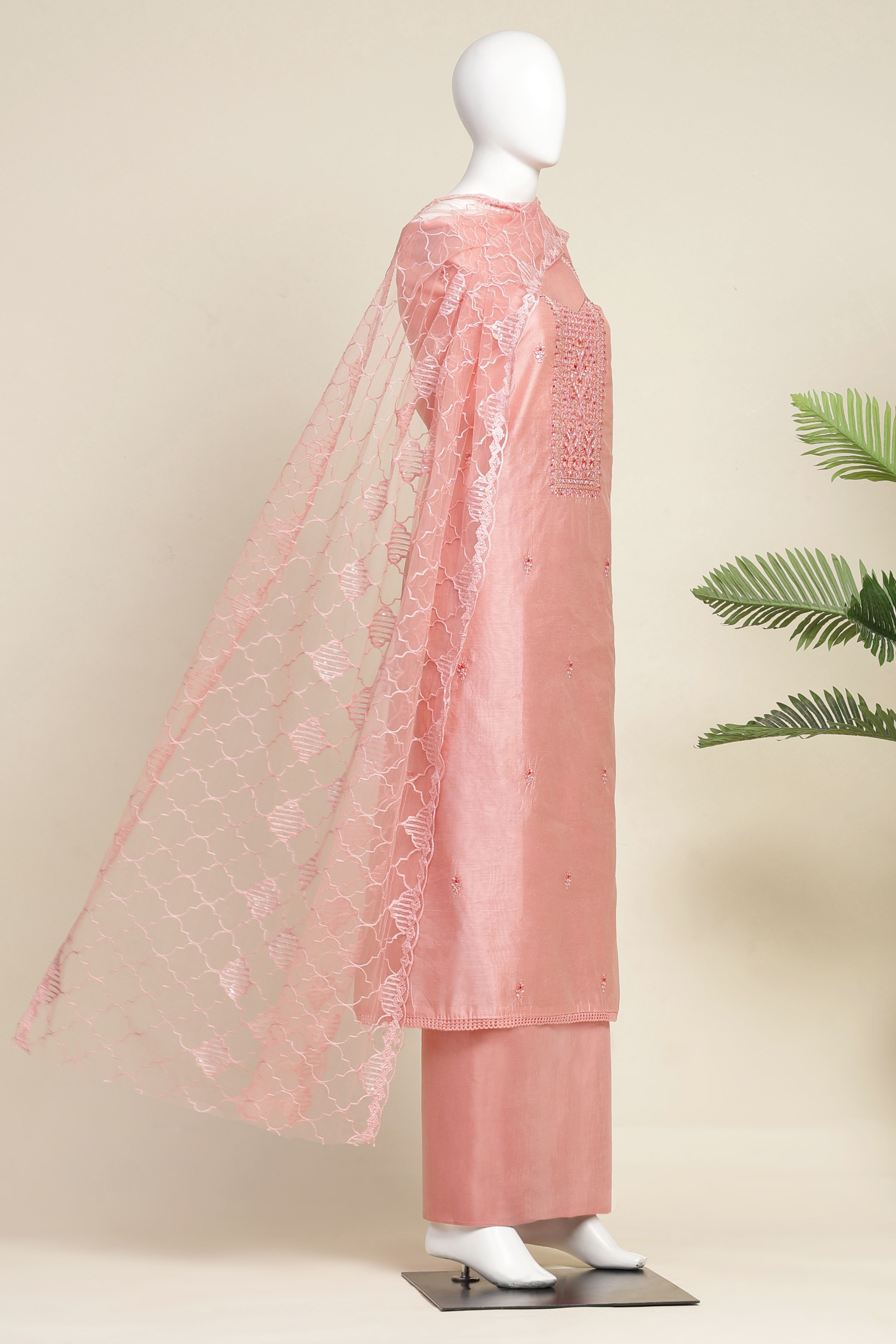 Beige Chanderi  Embroidered Unstitched Suit Set image number 4