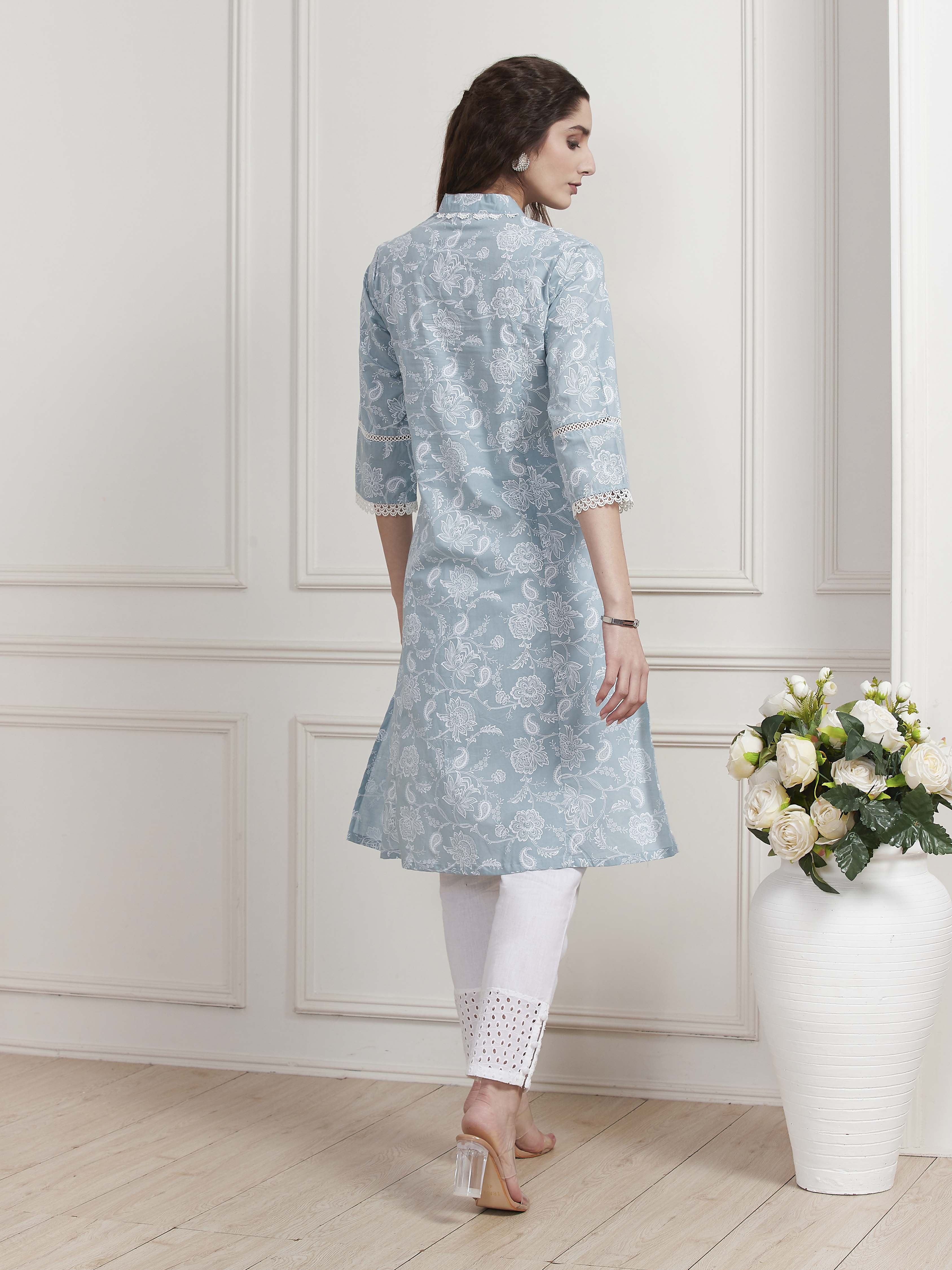 Blue Cotton Printed Straight Kurta image number 3