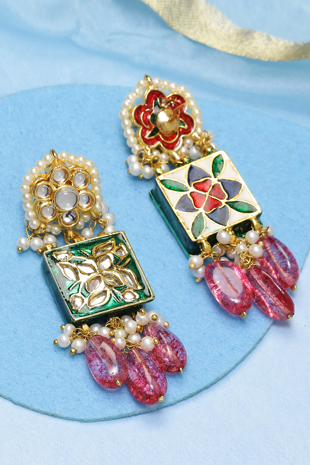 Pink And Green Kundan Earrings image number 2