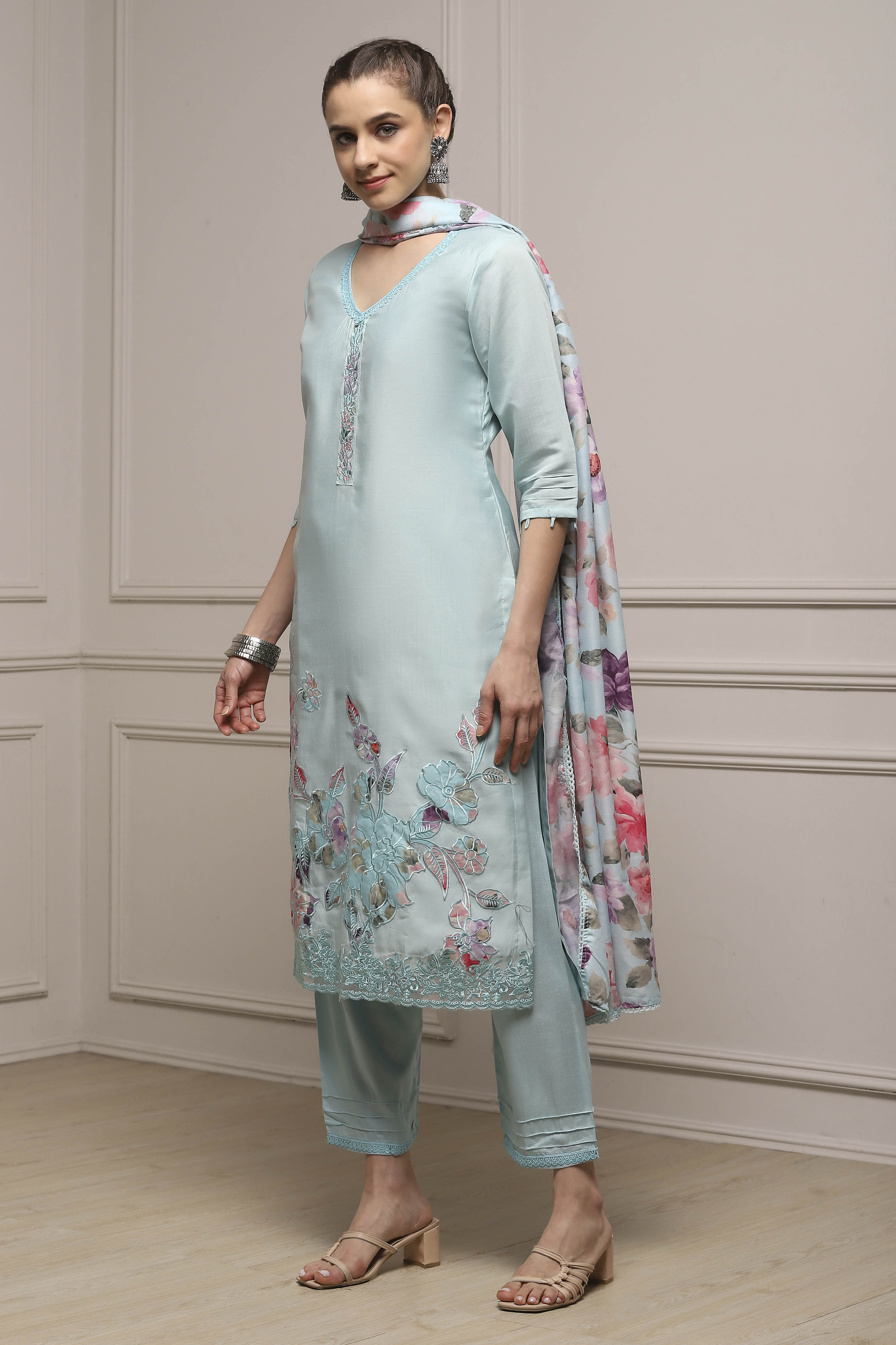Blue Modal Digital Print Unstitched Suit Set image number 4
