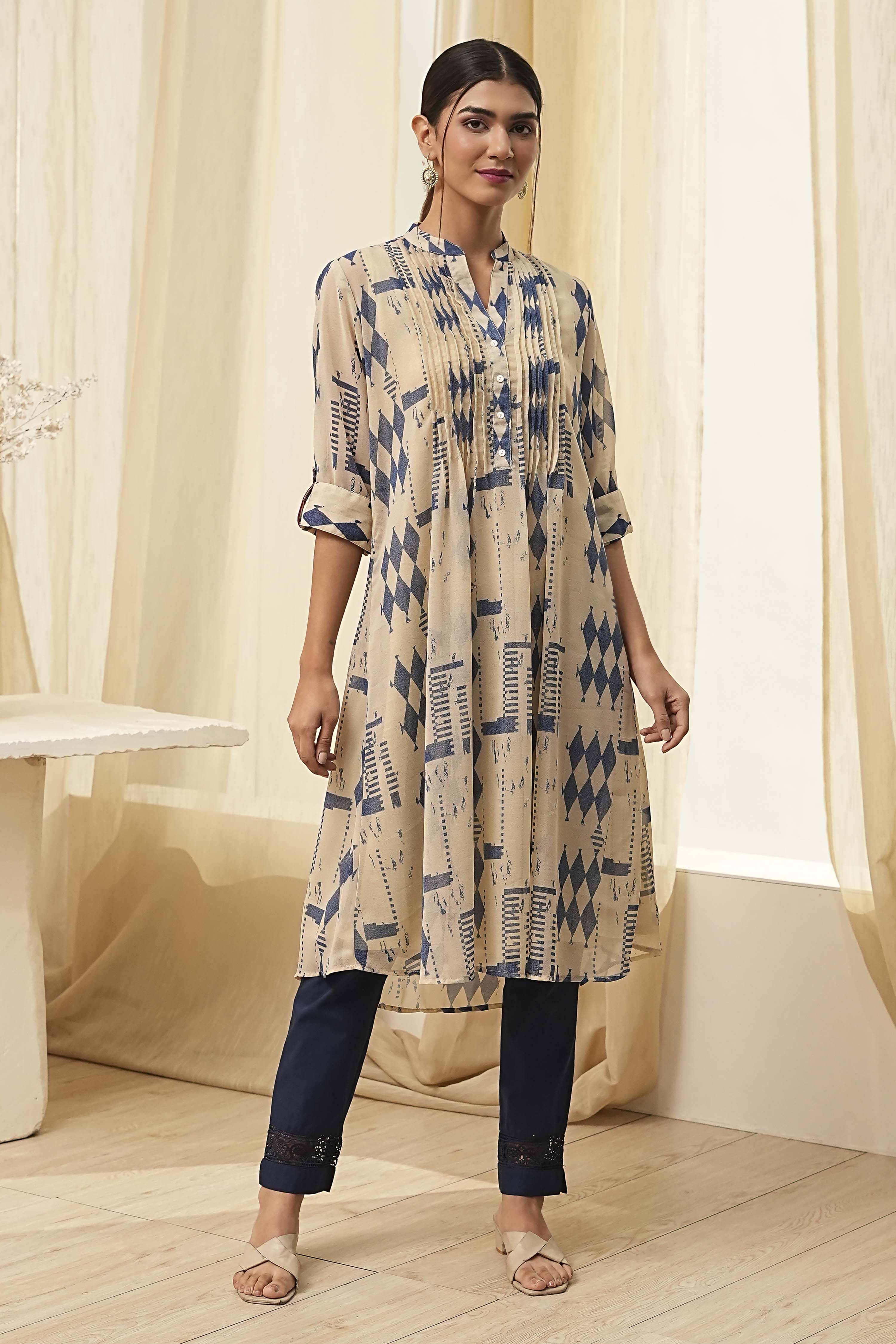 Beige Printed A-Line Kurta image number 5