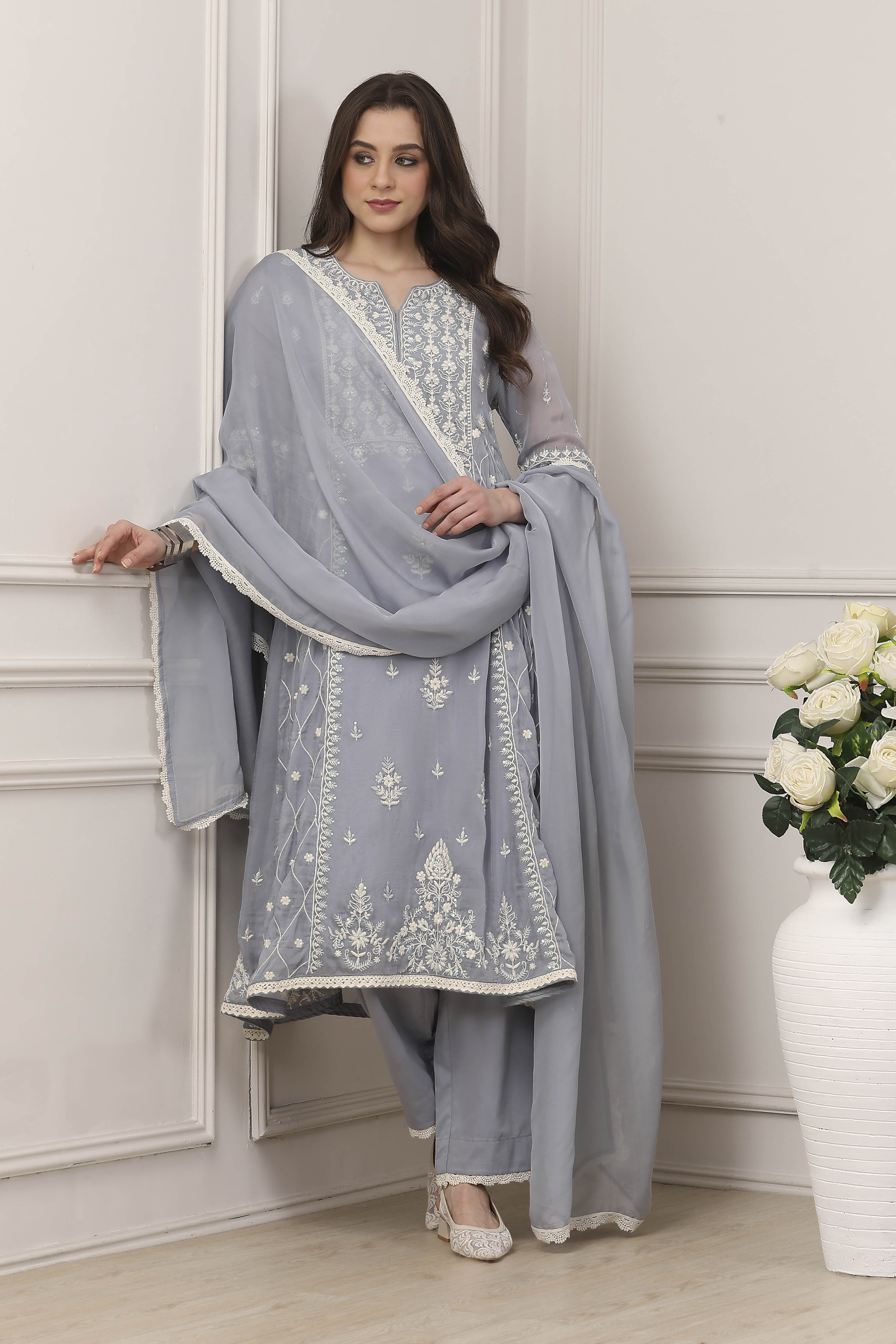 Blue Viscose Organza Floral Embroidered Kalidar Suit Set image number 0