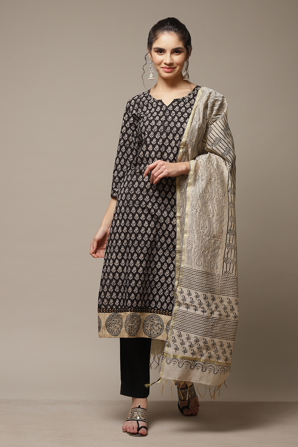 Black Cotton Hand Block Print Unstitched Suit Set image number 1