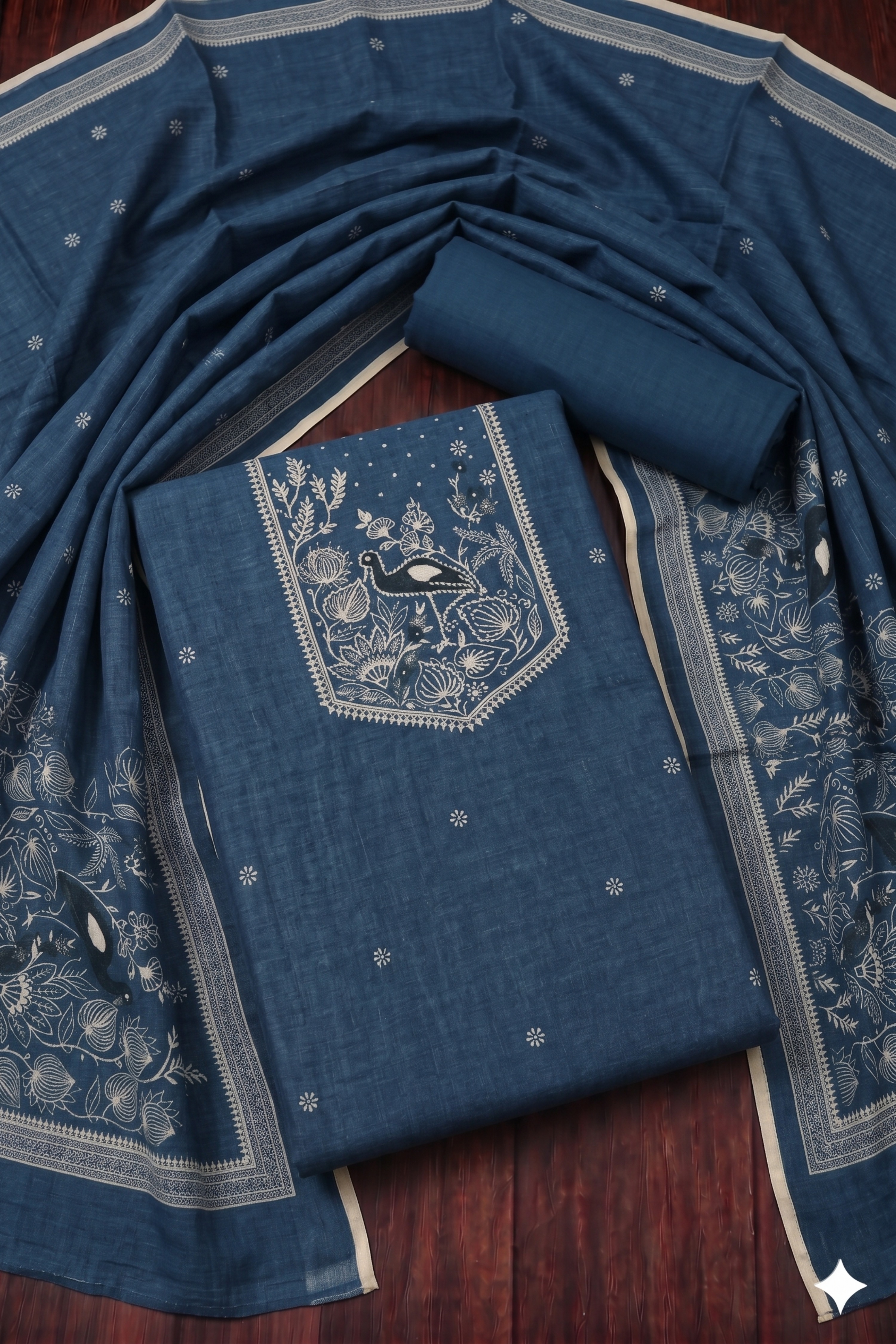 Blue Linen Jamdani Unstitched Suit Set image number 1