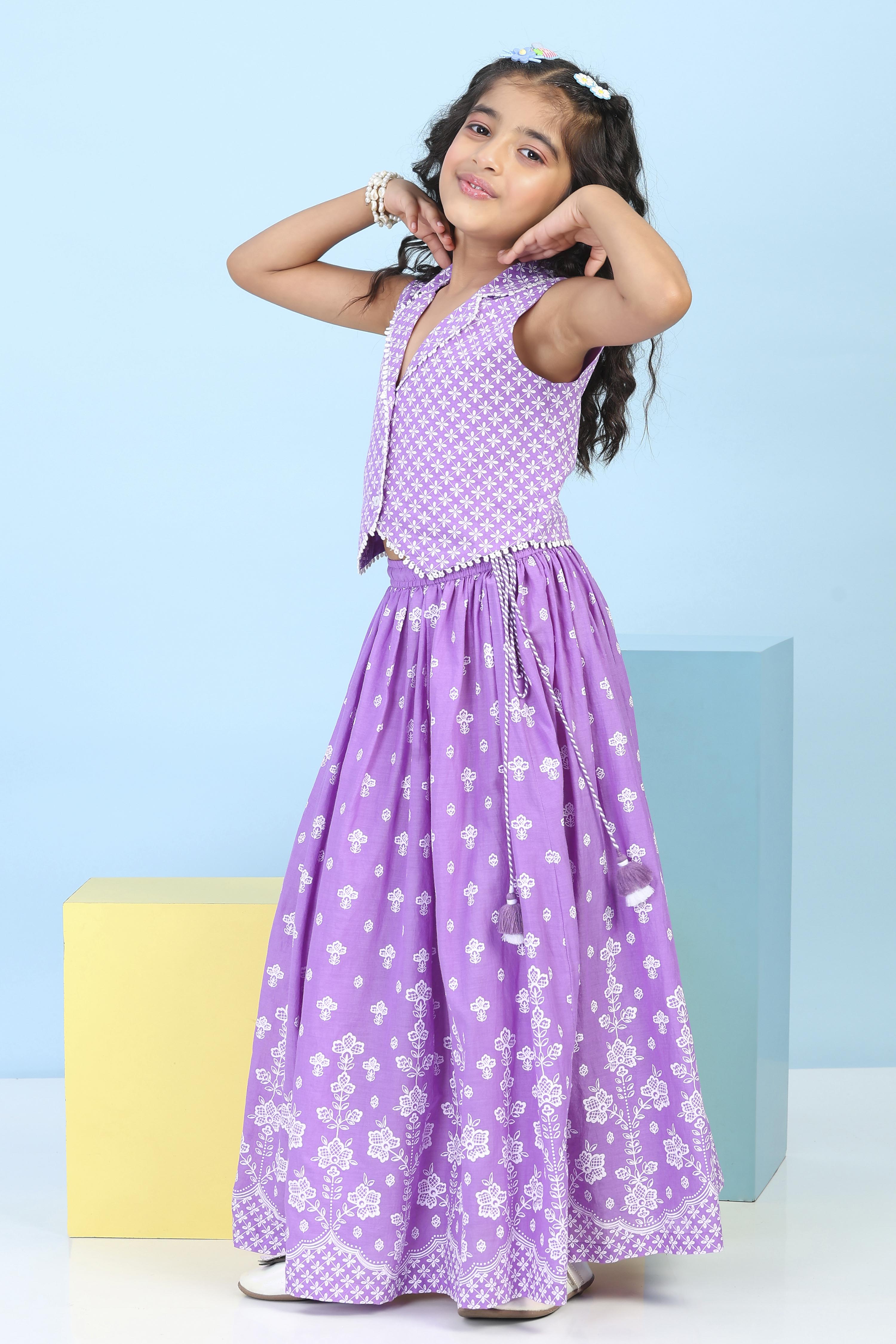 Purple Cotton Printed Straight Lehenga Set image number 3