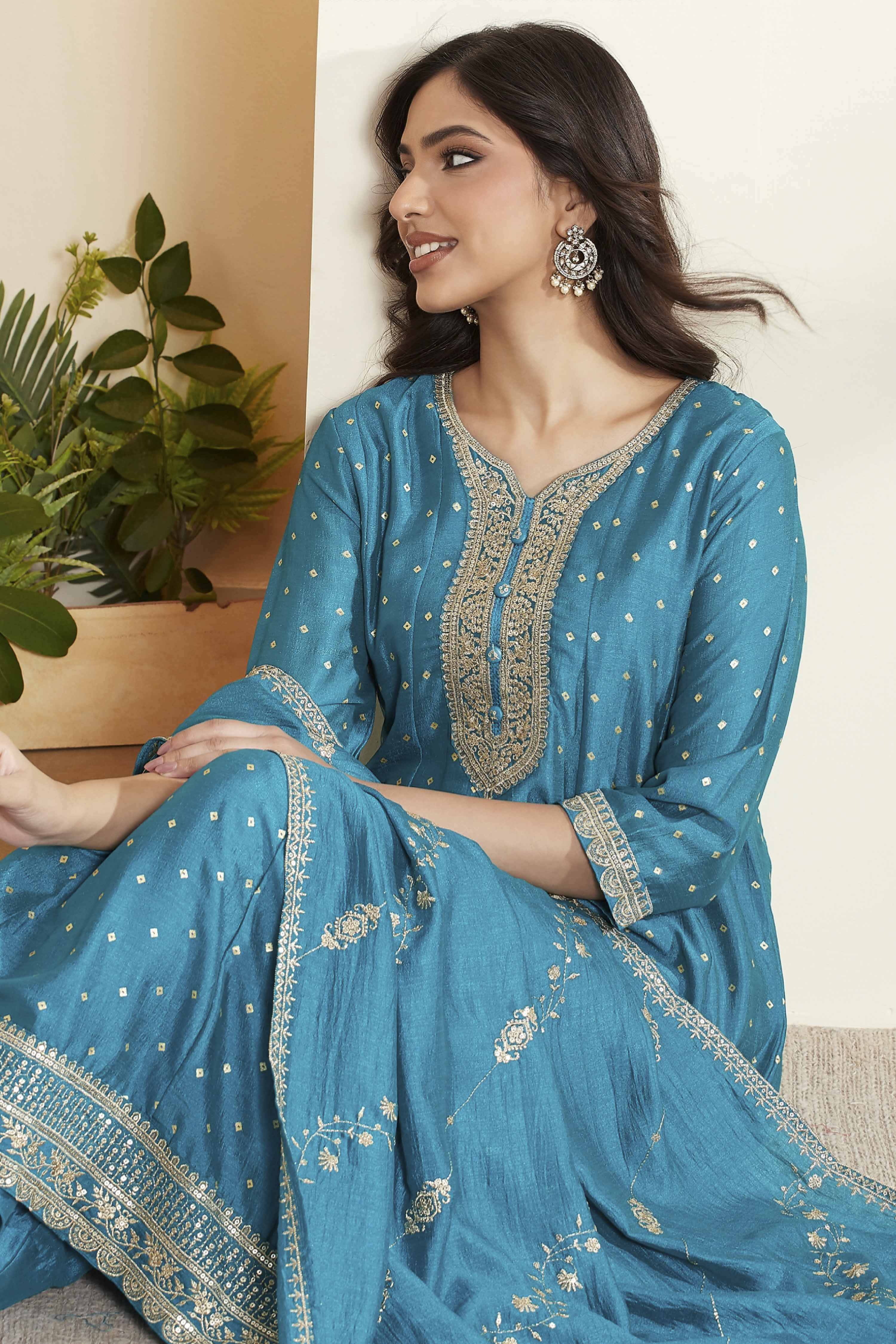 Blue Cotton Kalidar Suit Set image number 1