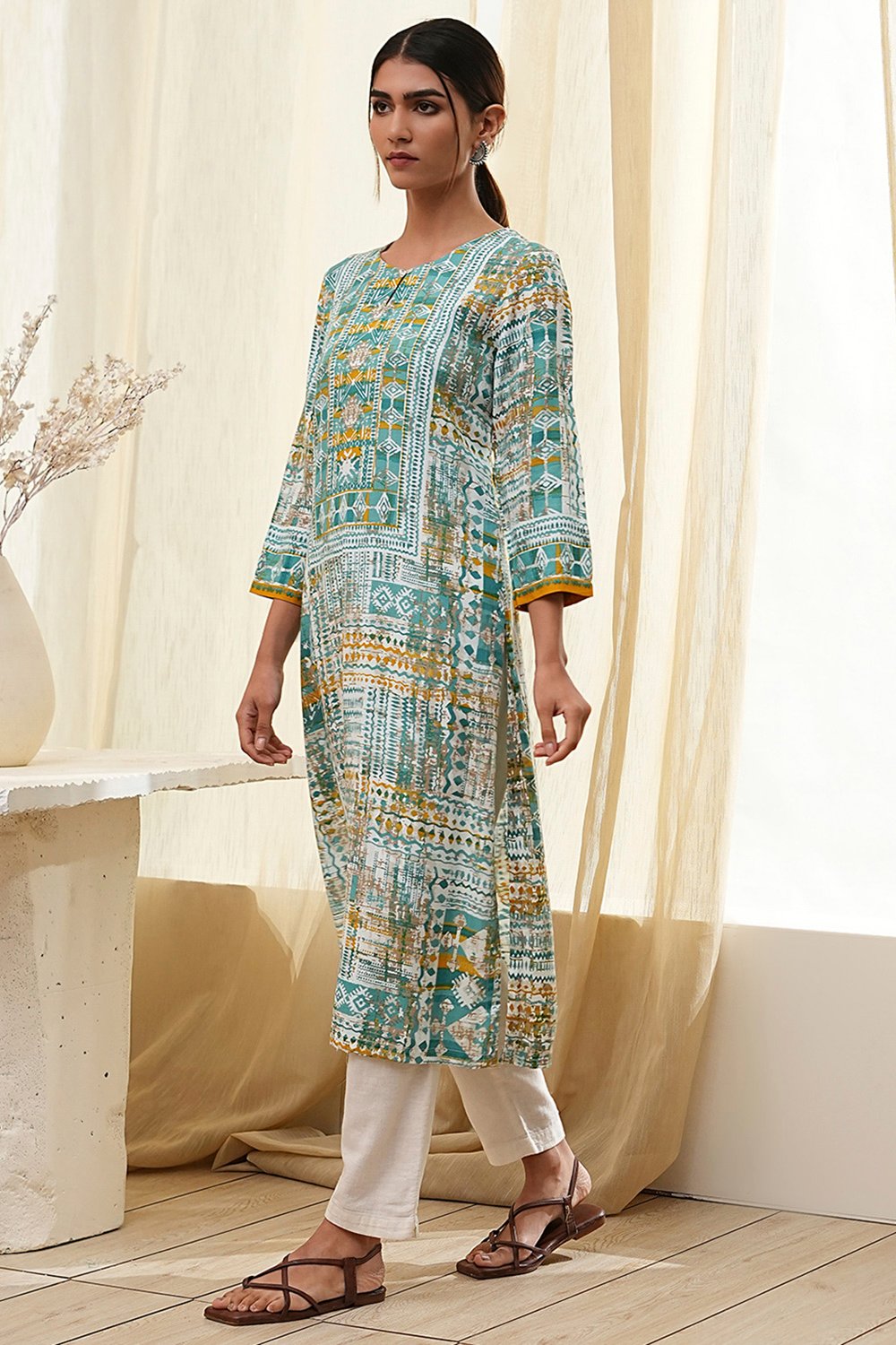 Teal Printed Straight Kurta image number 2