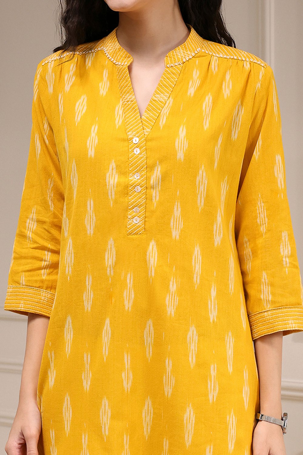 Yellow Cotton Straight Yarndyed Kurta image number 1
