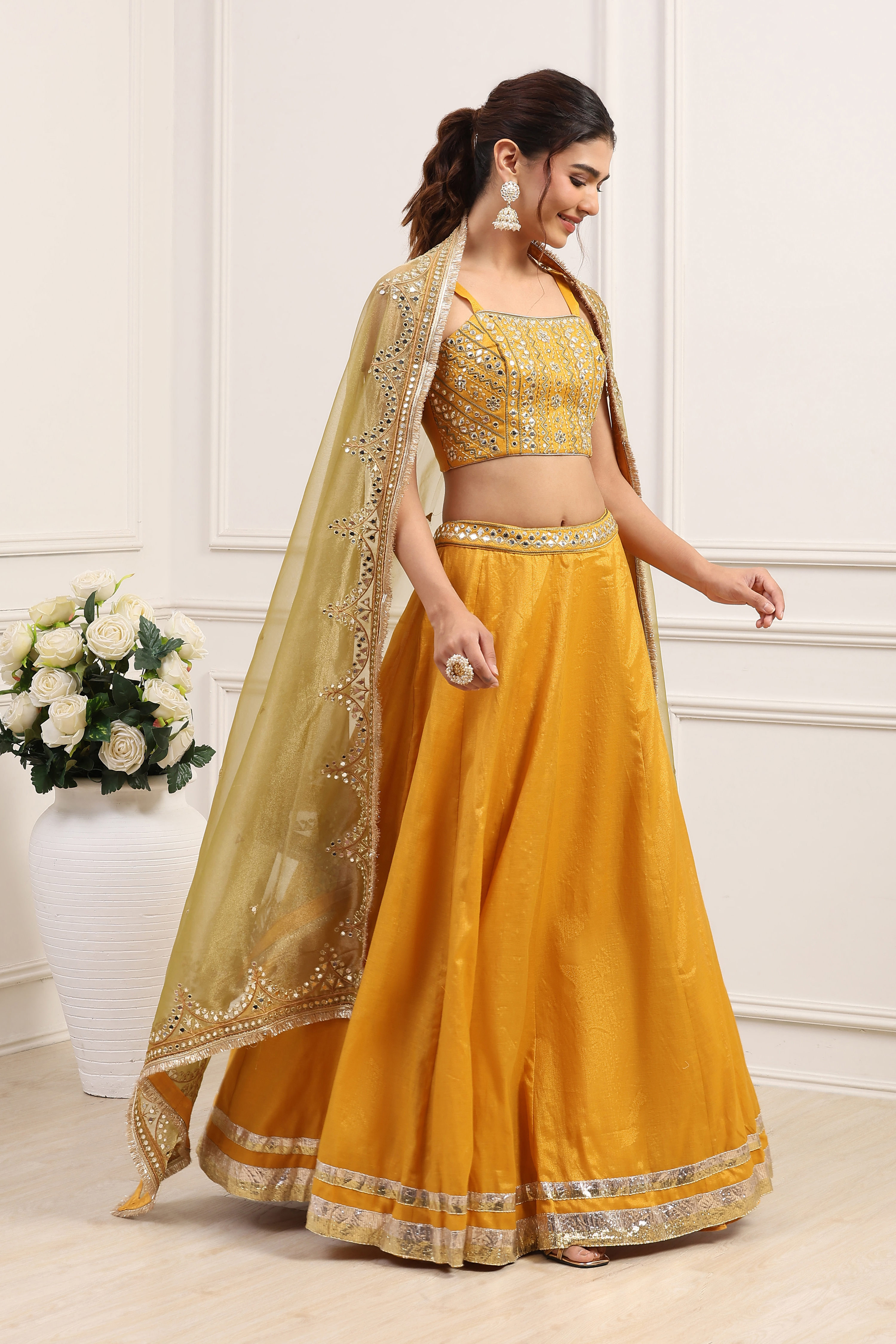 Yellow Cotton Zari Tissue Embroidered Lehenga Set image number 5