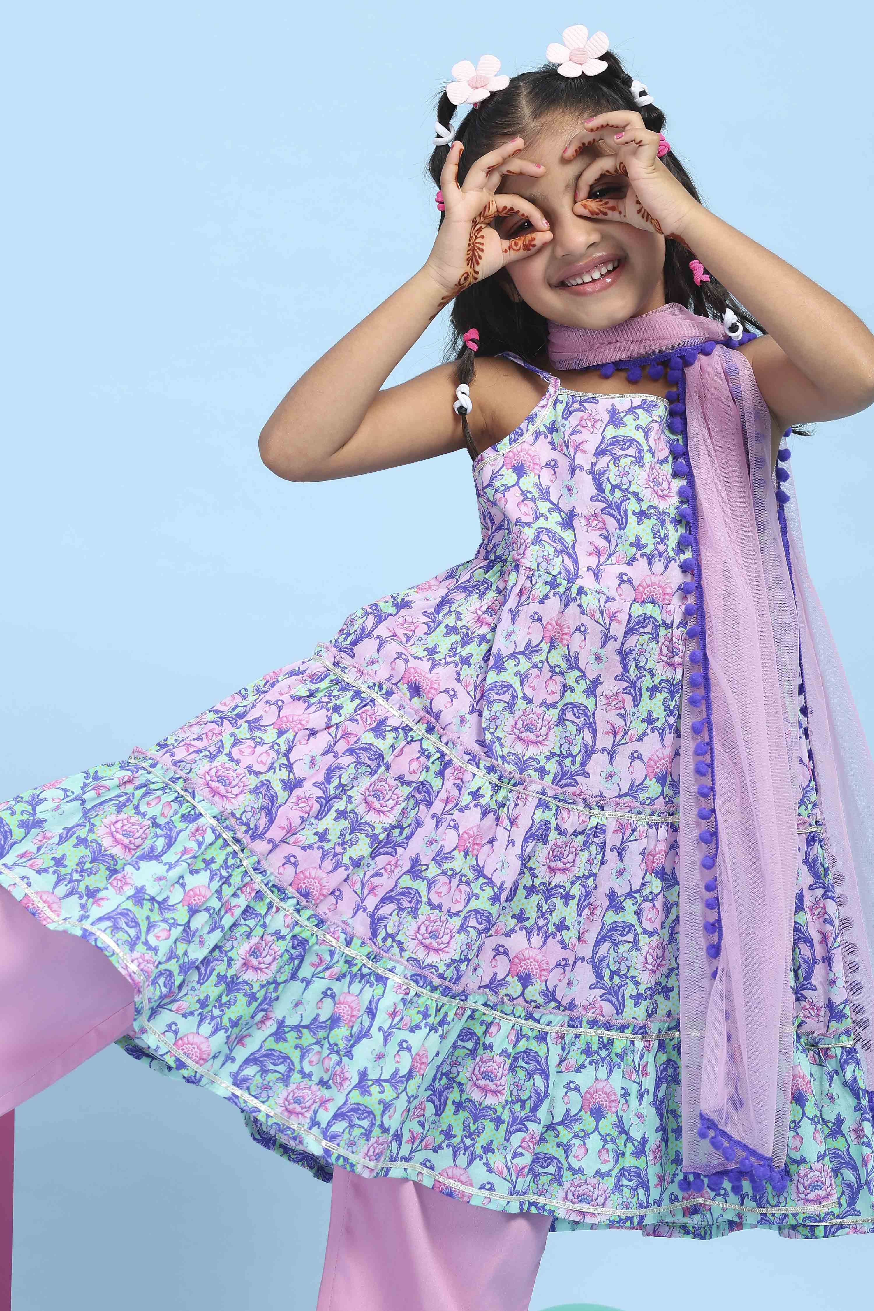 Pink Cotton Printed Tiered Suit Set image number 7