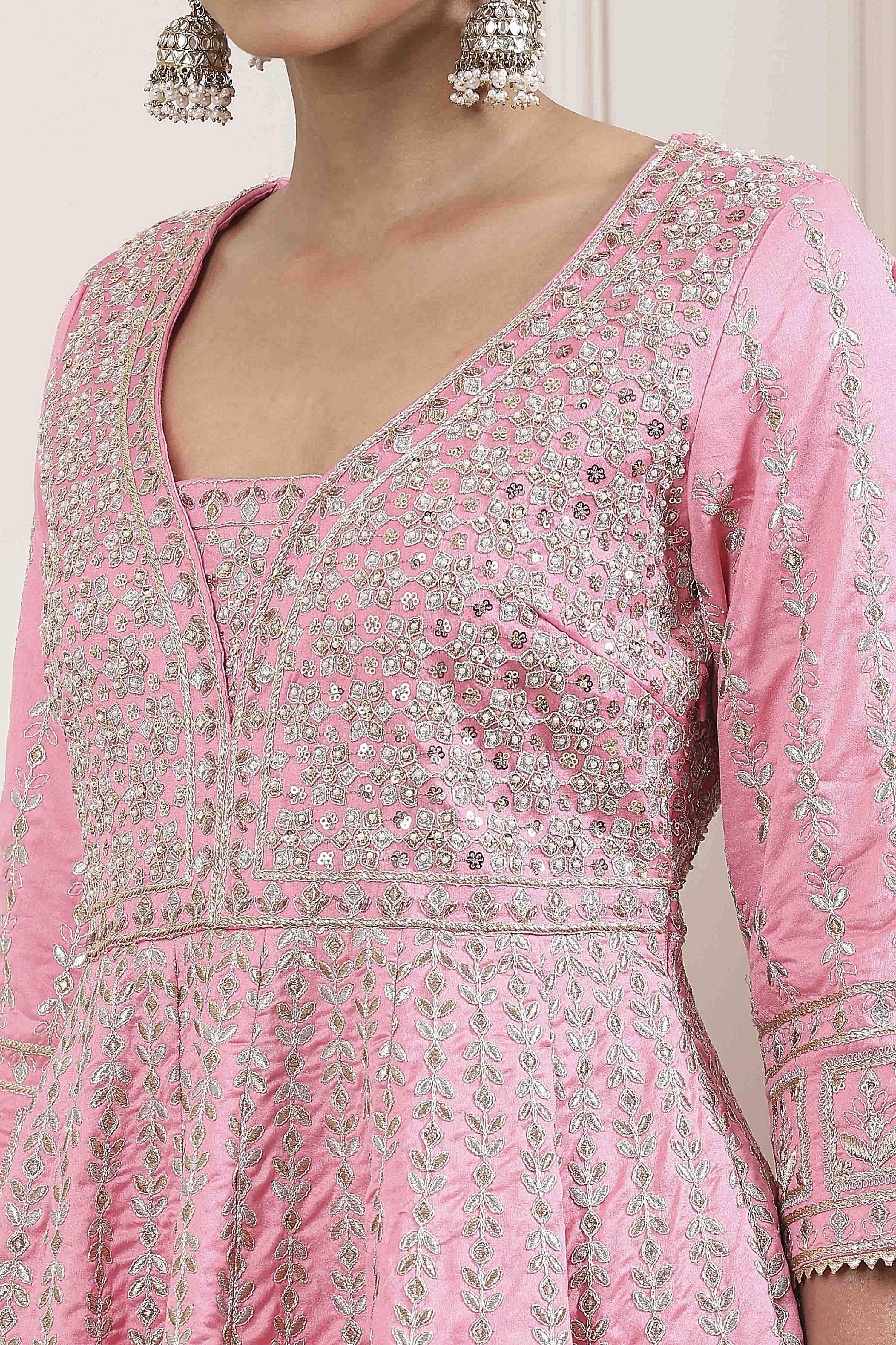 Rose Pink Cotton Silk Embroidered Anarkali Suit Set image number 1