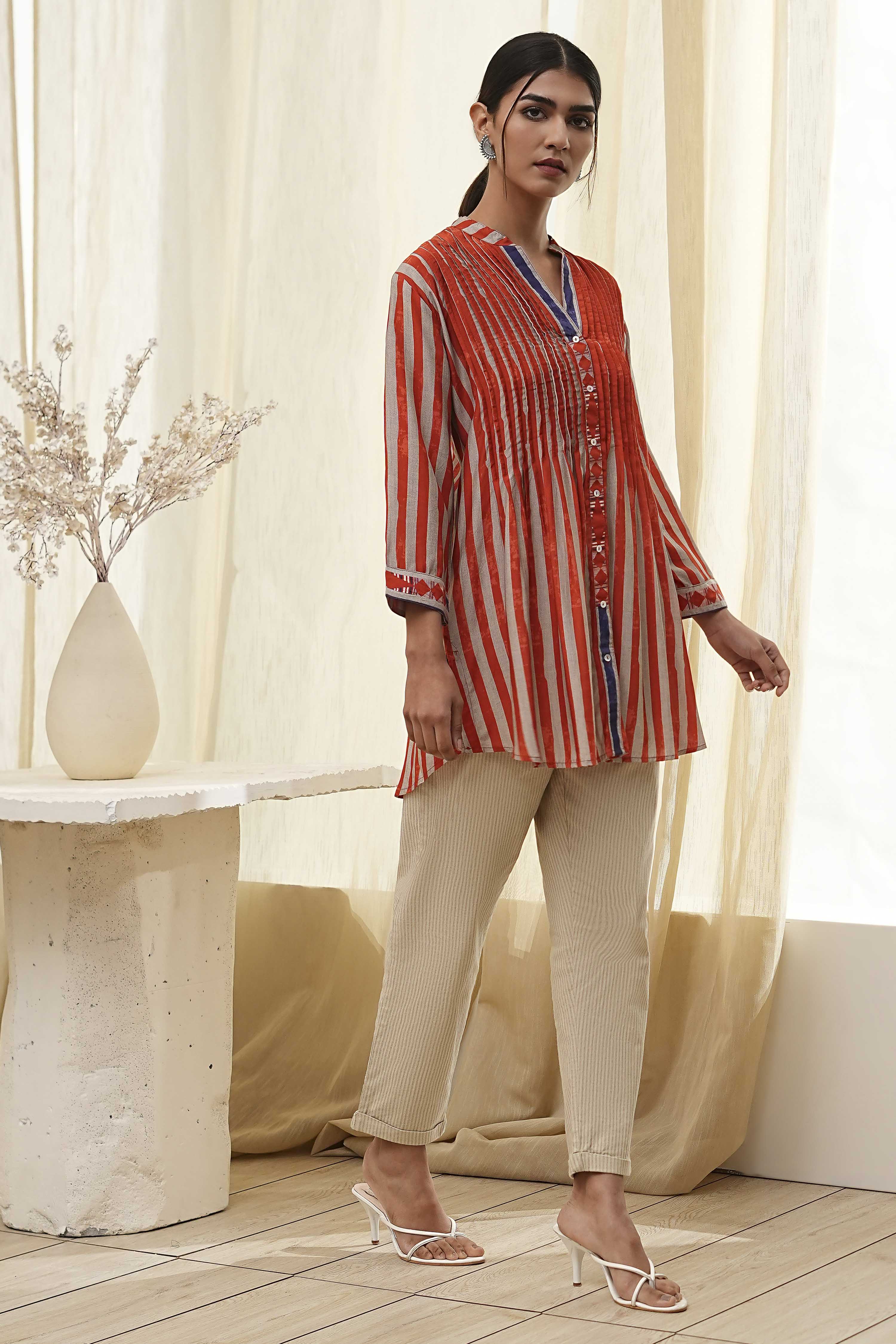 Orange Modal Printed Shirt-Style Short Kurta image number 5