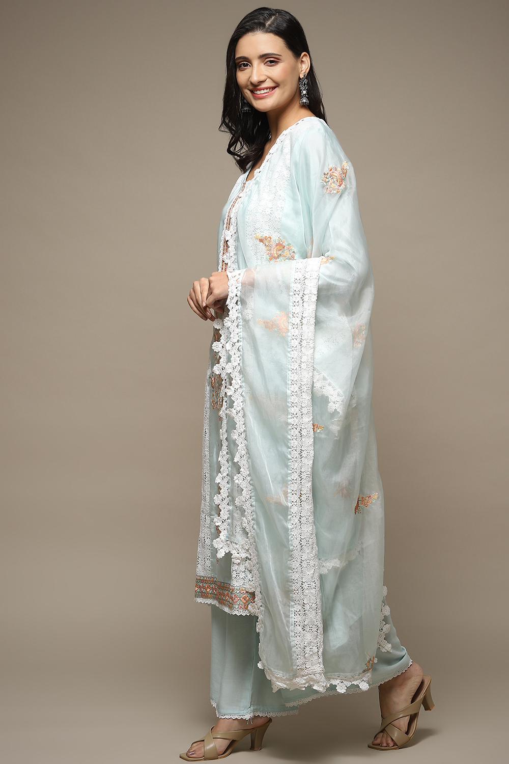 Light Blue Muslin Lace Unstitched Suit Set image number 6