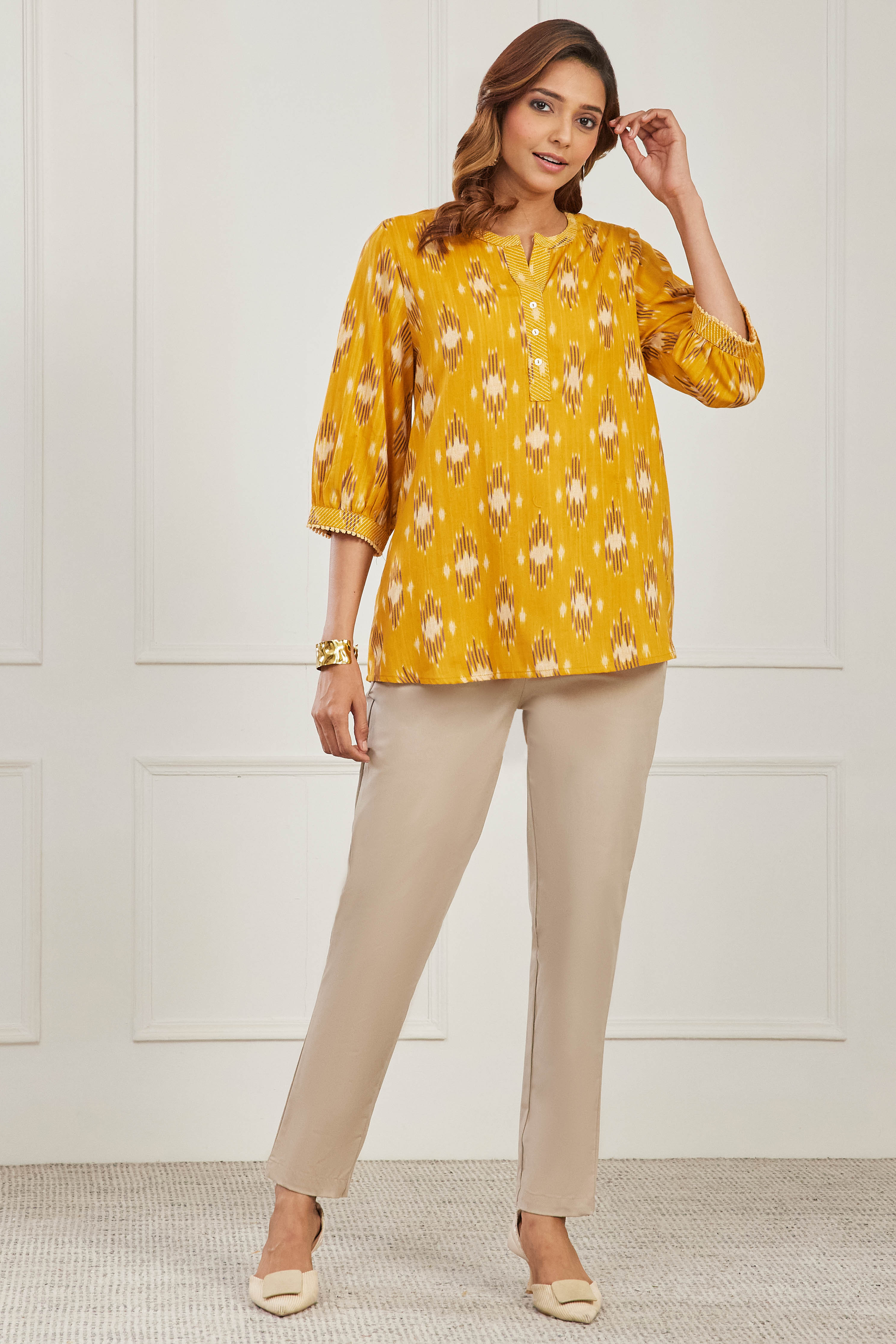 Yellow Cotton Straight Kurta image number 5