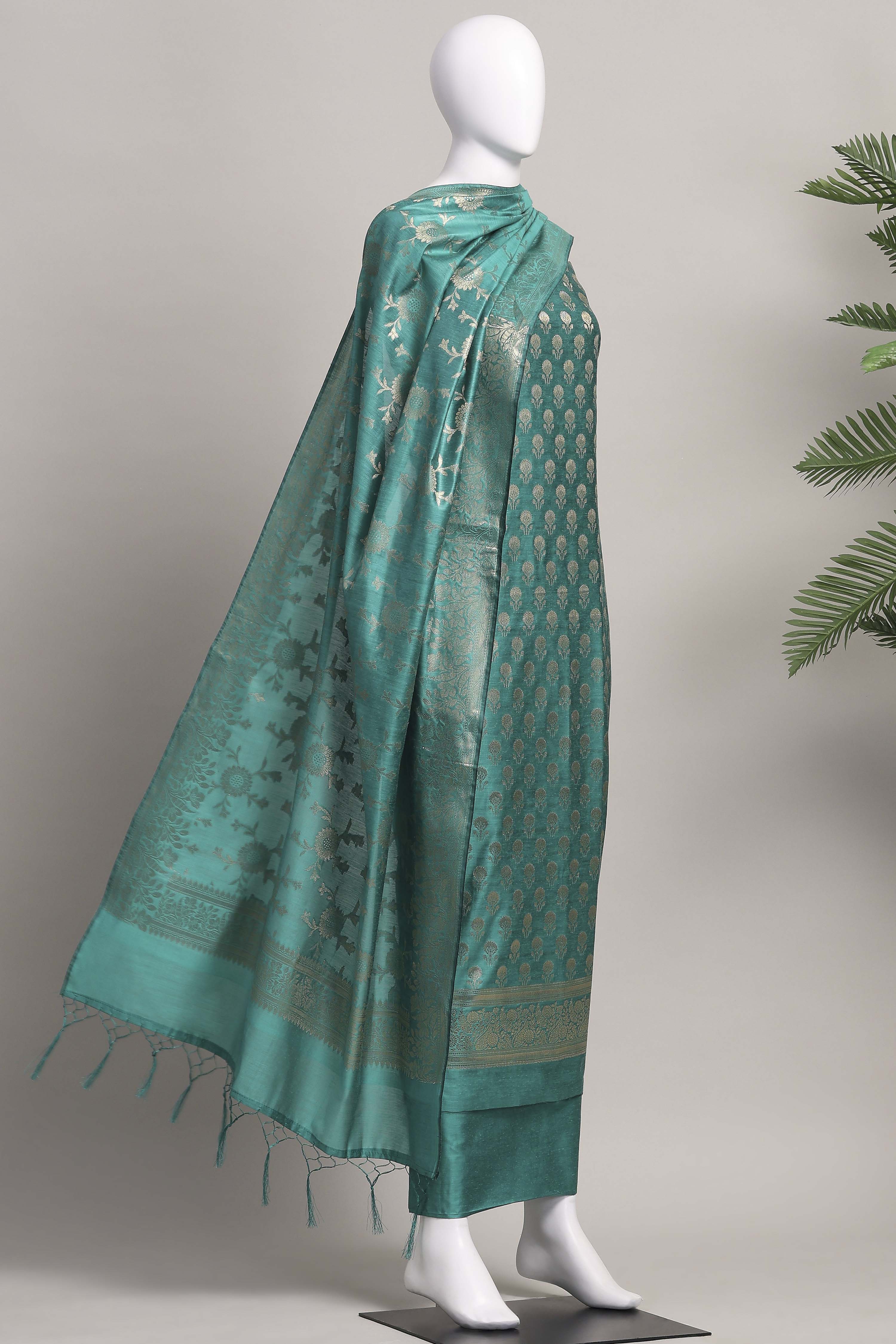 Teal Banarasi Chanderi Banarasi Print Unstitched Suit Set image number 4