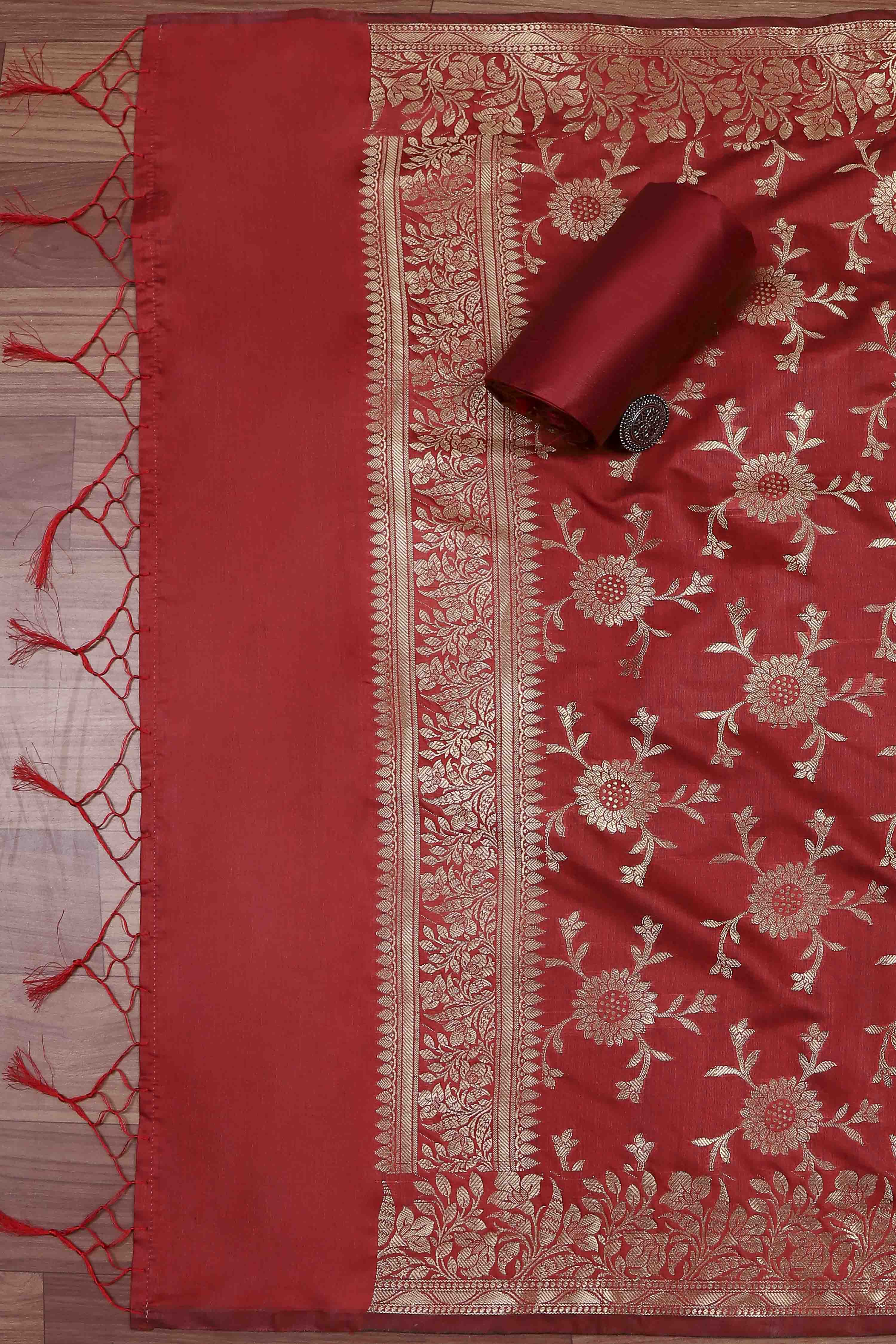 Red Banarasi Chanderi Banarasi Print Unstitched Suit Set image number 3