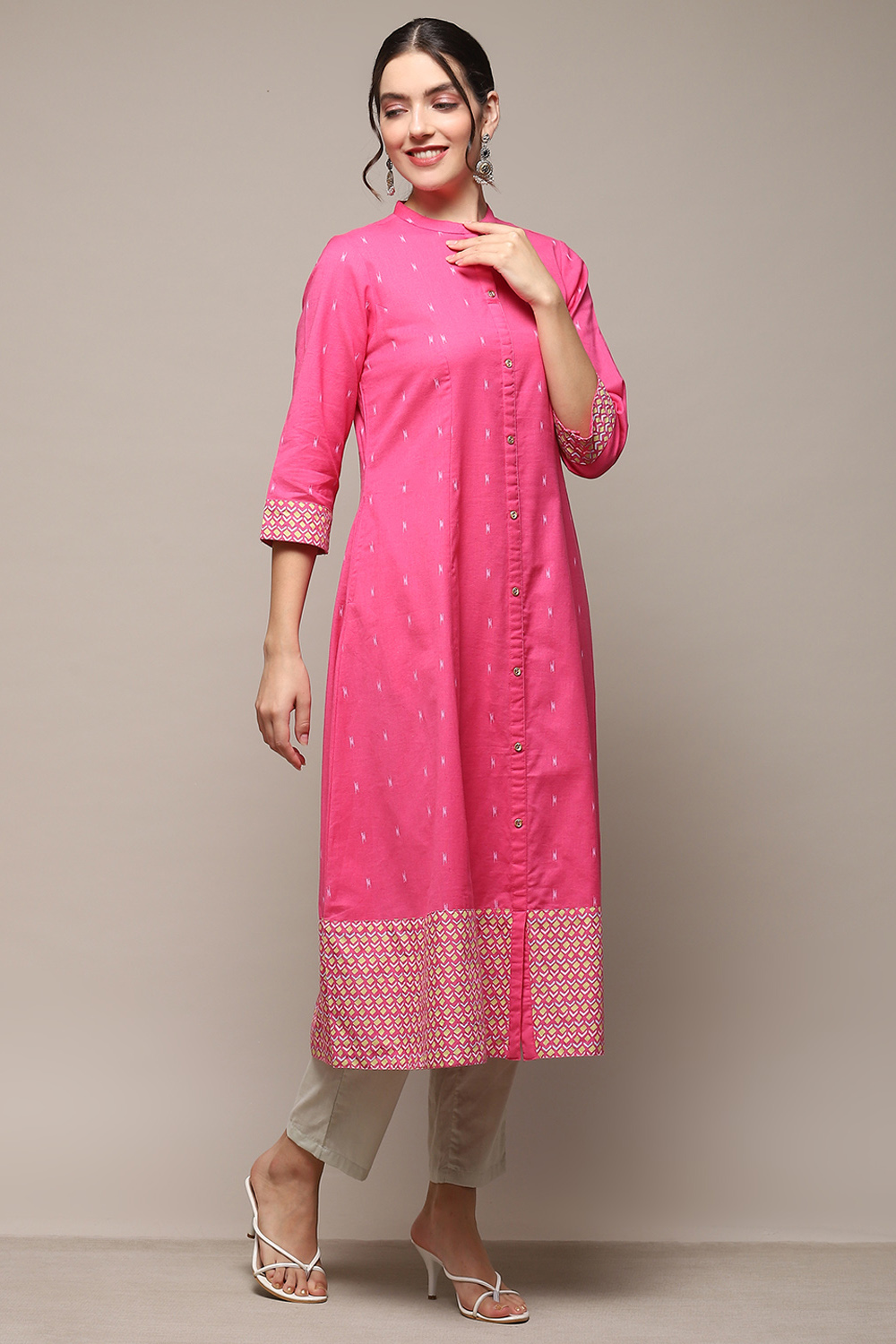 Black Cotton Flax Printed A-Line Kurta image number 4