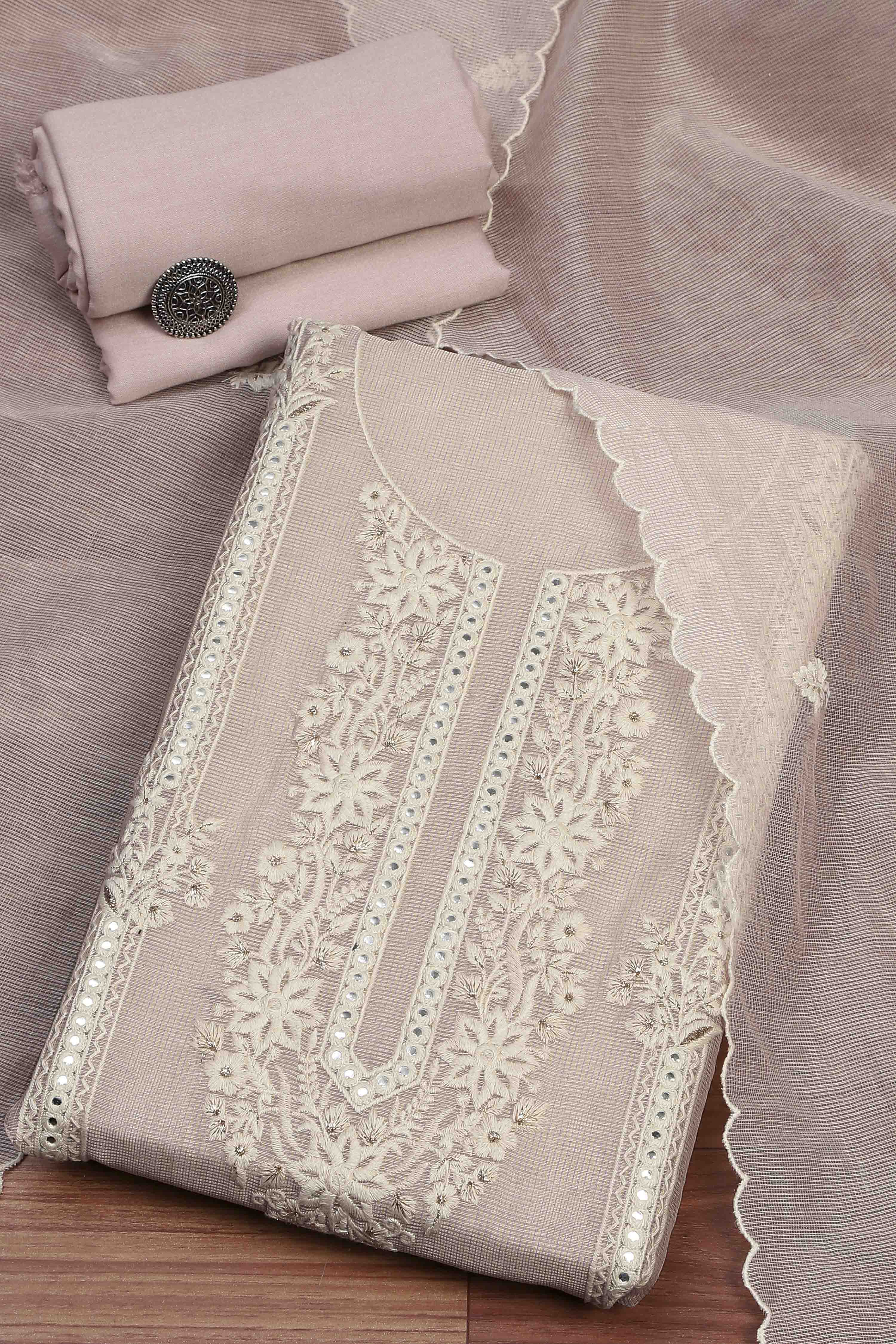 Lavender Supernet Unstitched Suit Set image number 0