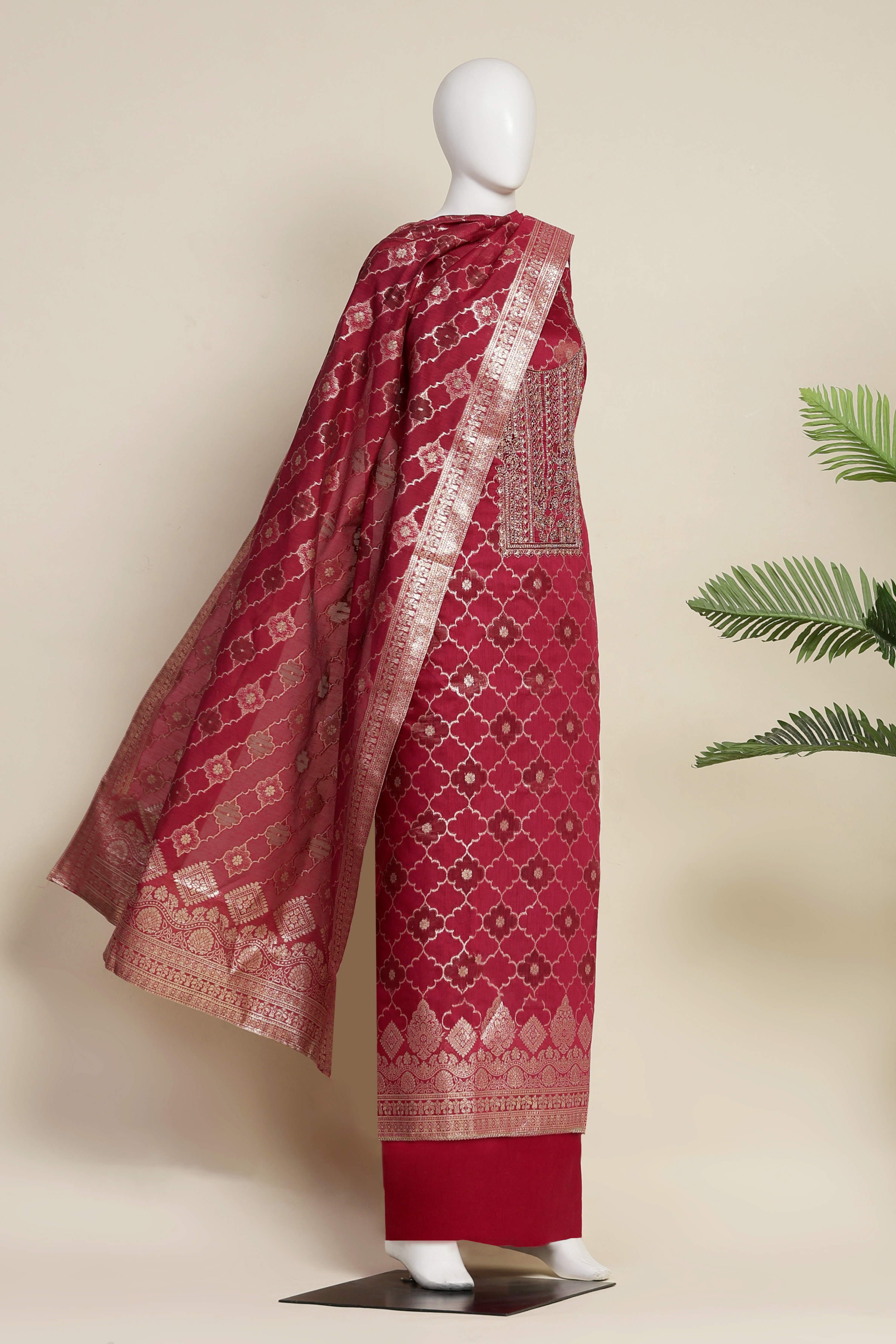 Lavender Tissue Chanderi Embroidered Unstitched Suit Set image number 4