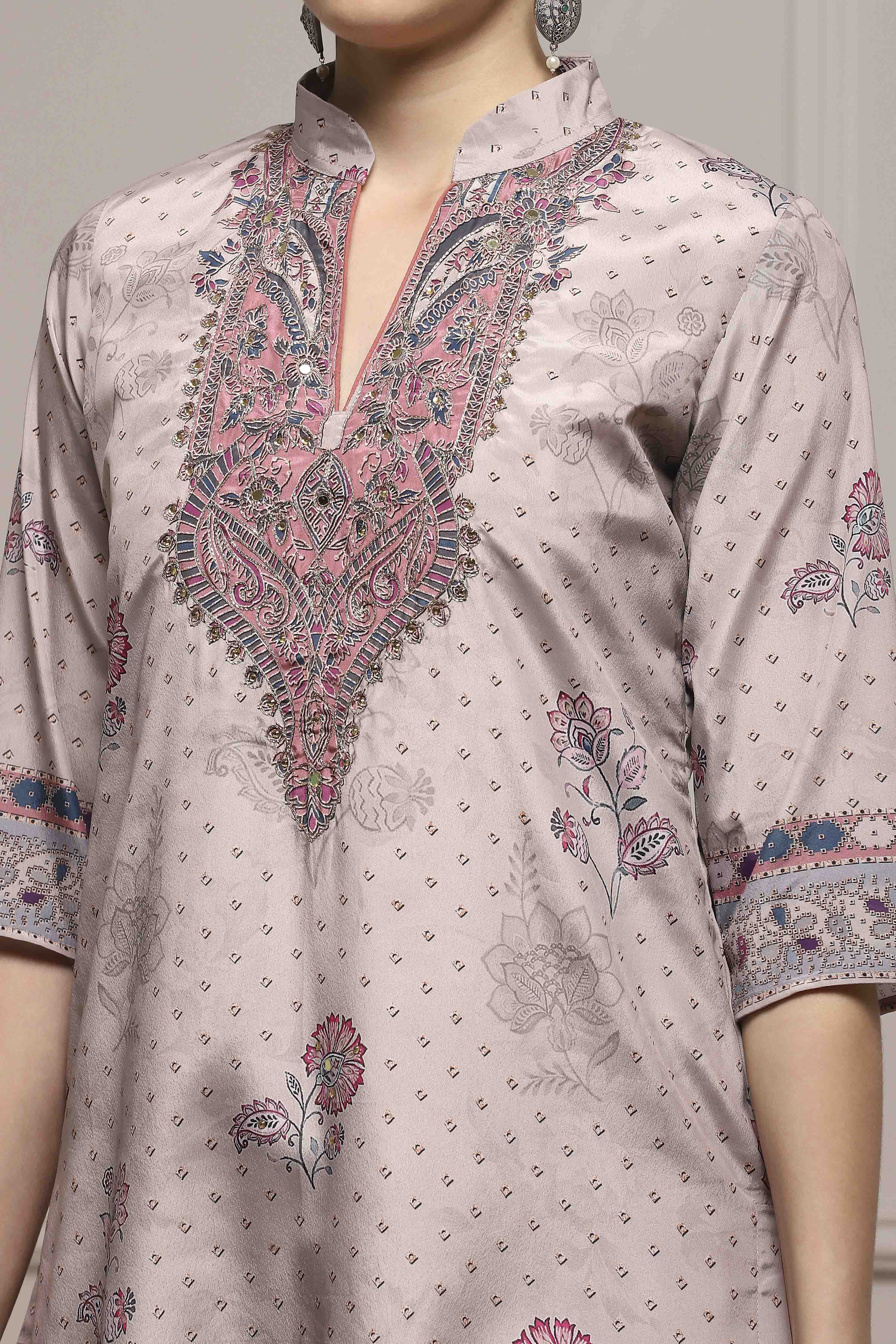 Brown Poly Crepe Digital Print Unstitched Suit Set image number 2