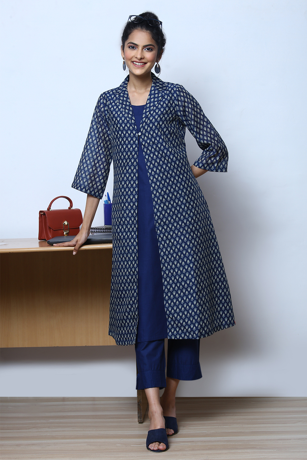 Indigo Art Silk Fusion Kurta Relaxed Pant Suit Set image number 0