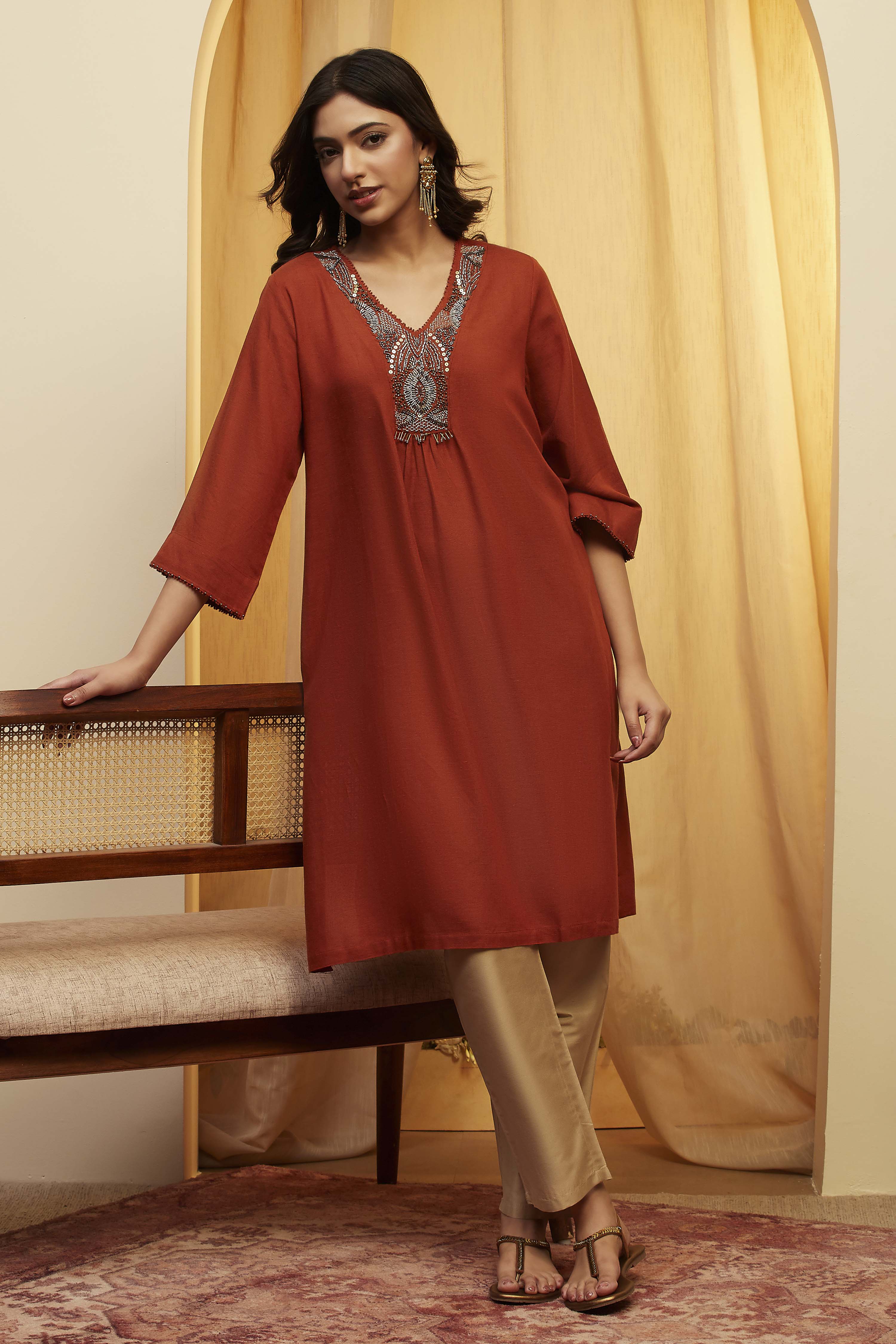 Rust Viscose Rayon Embellished Straight Kurta image number 0