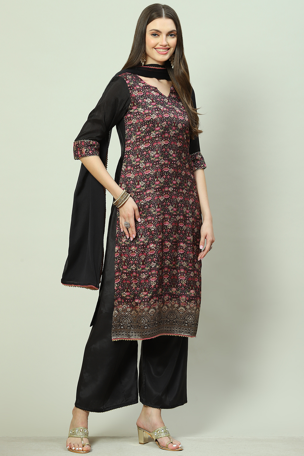 Black Crepe Unstitched Suit Set image number 0