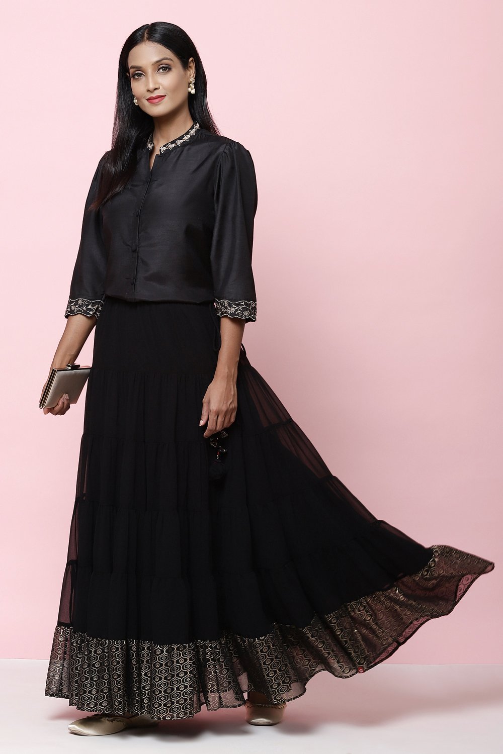 Black Straight Art Silk Shirt Embroidered Kurti image number 0