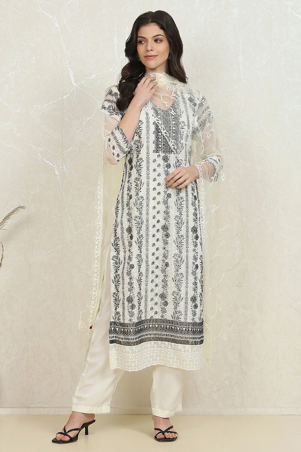 White-Black Georgette Printed Unstitched Suit Set image number 1