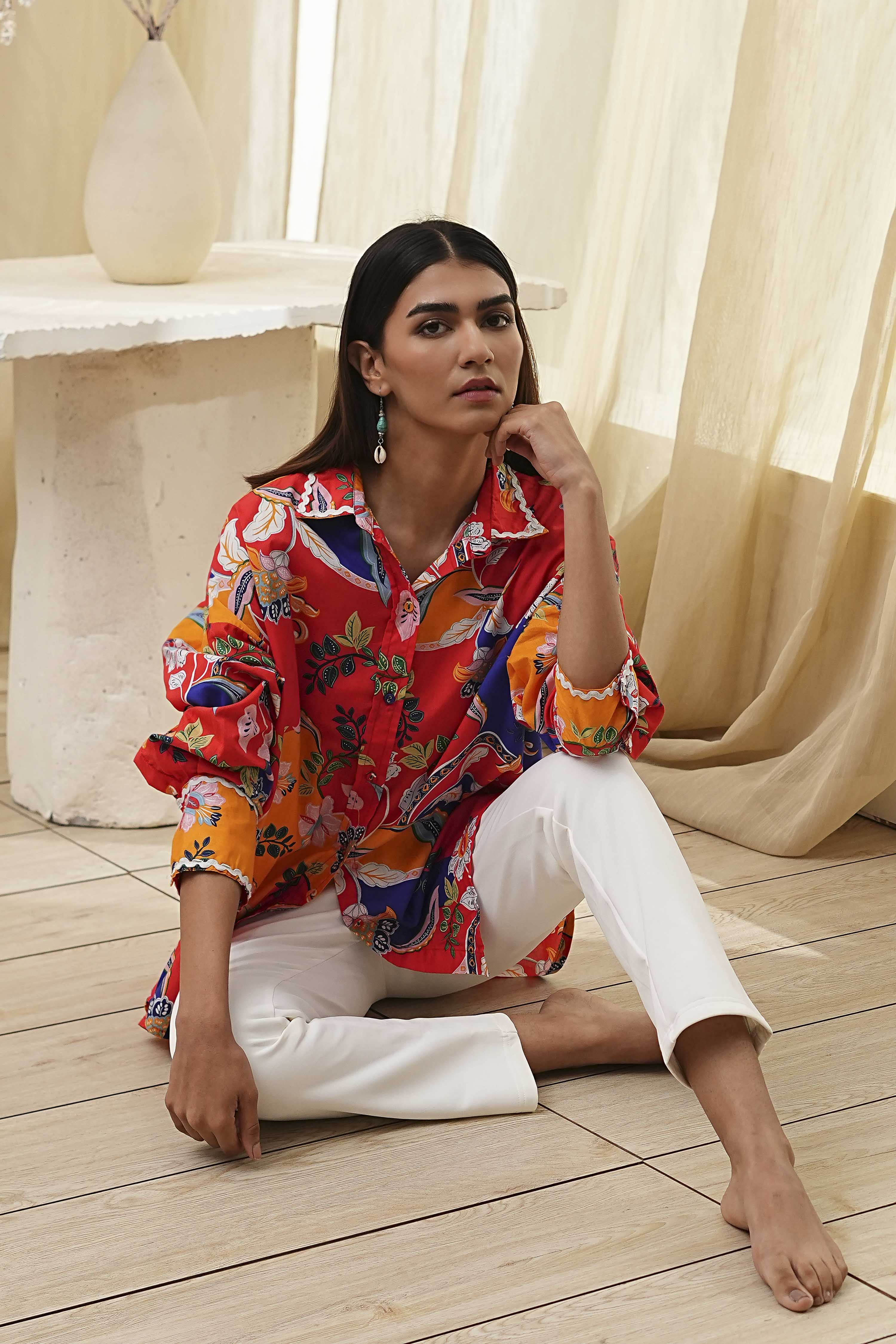 Orange Cotton Floral High-Low Shirt image number 0