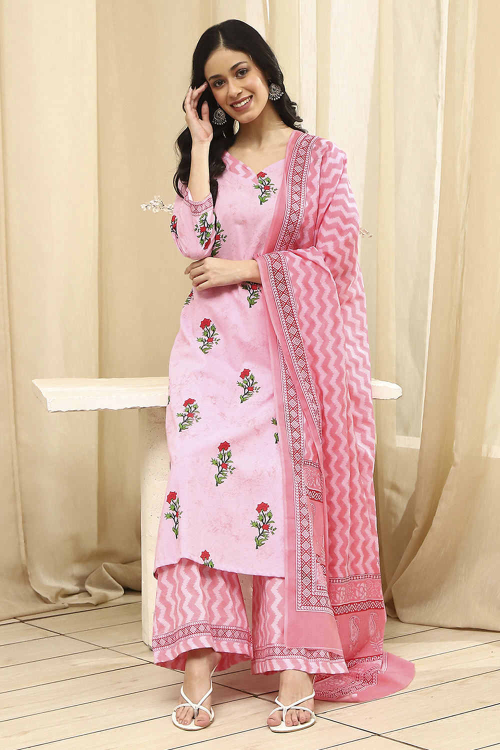 Pink Cotton Screen Print Unstitched Suit Set image number 1