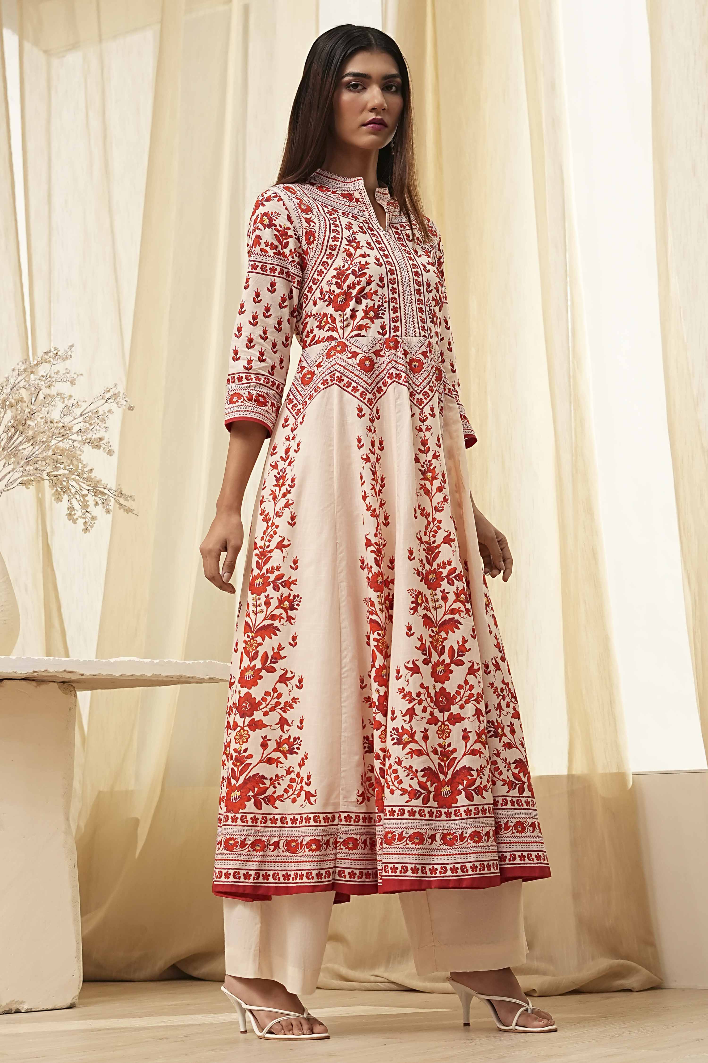White and Black Cotton Printed Anarkali Kurta Set image number 5