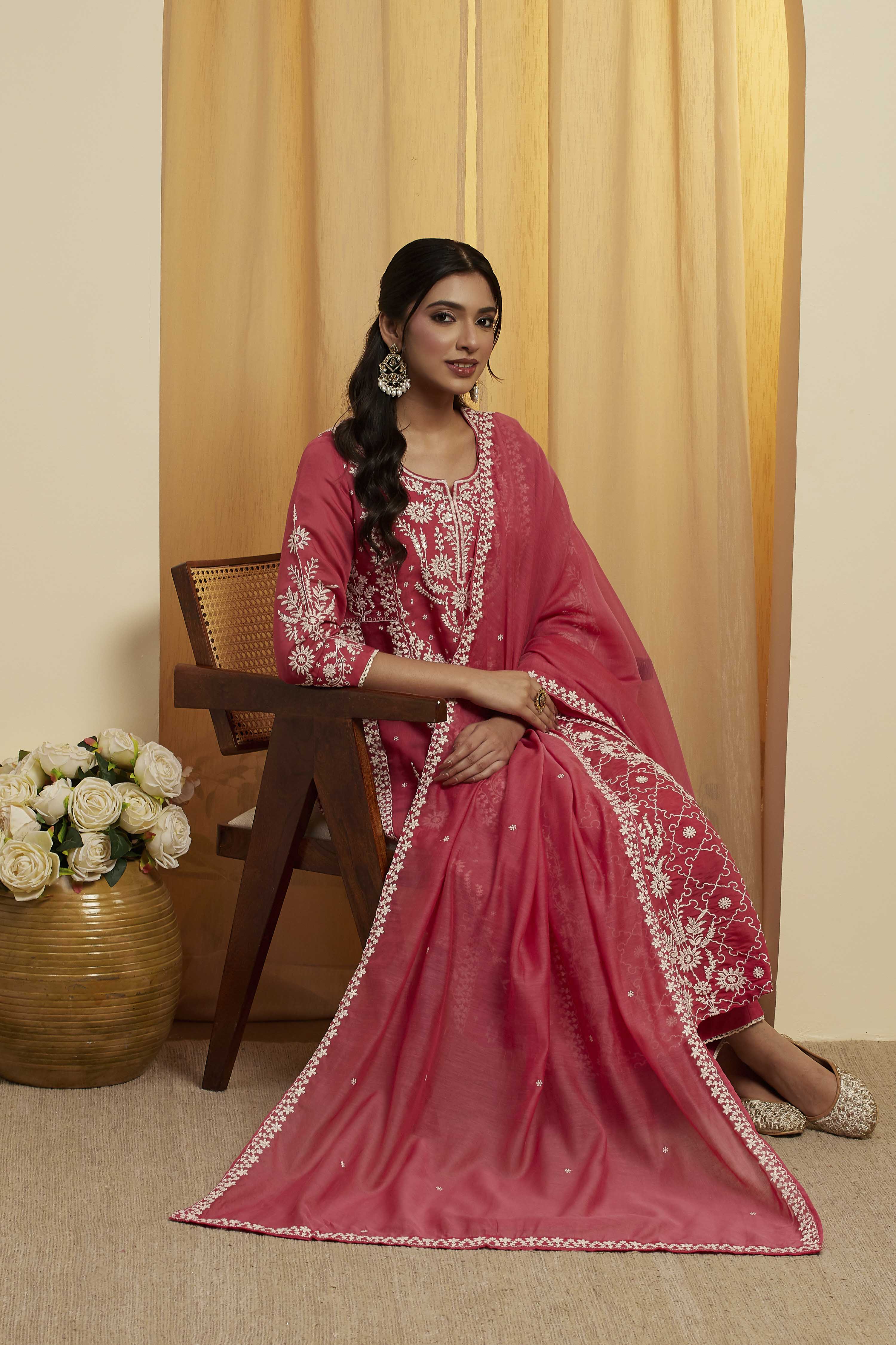 Pink Viscose Blend Floral Design Kalidar Kurta Set image number 0