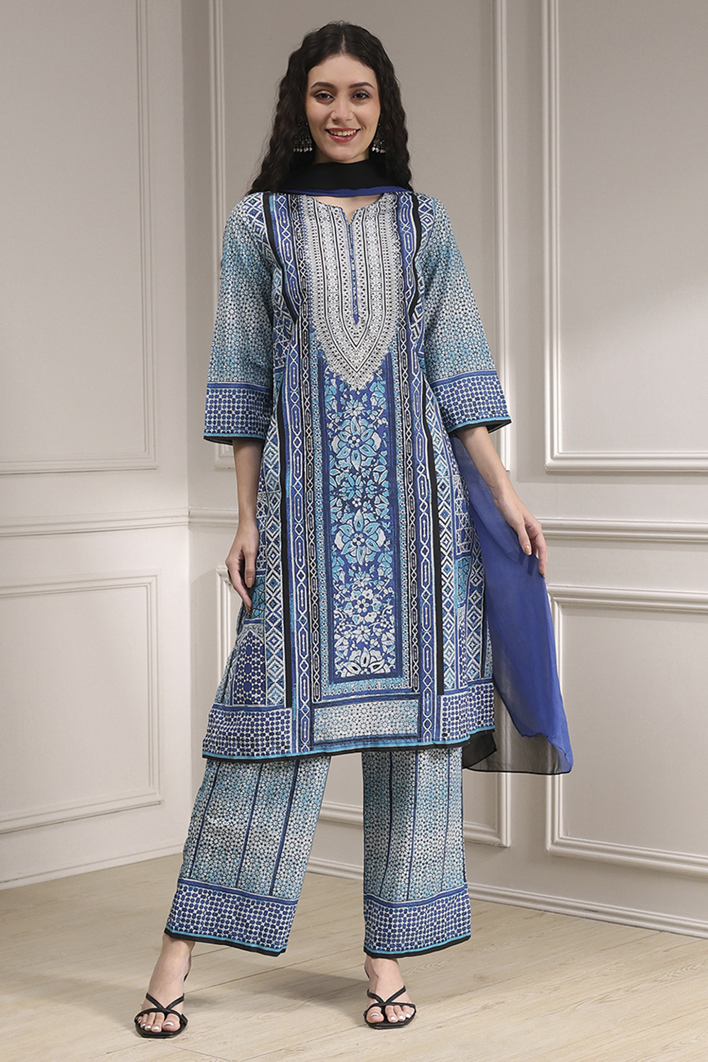 Brown Cotton Printed Straight Suit Set image number 6
