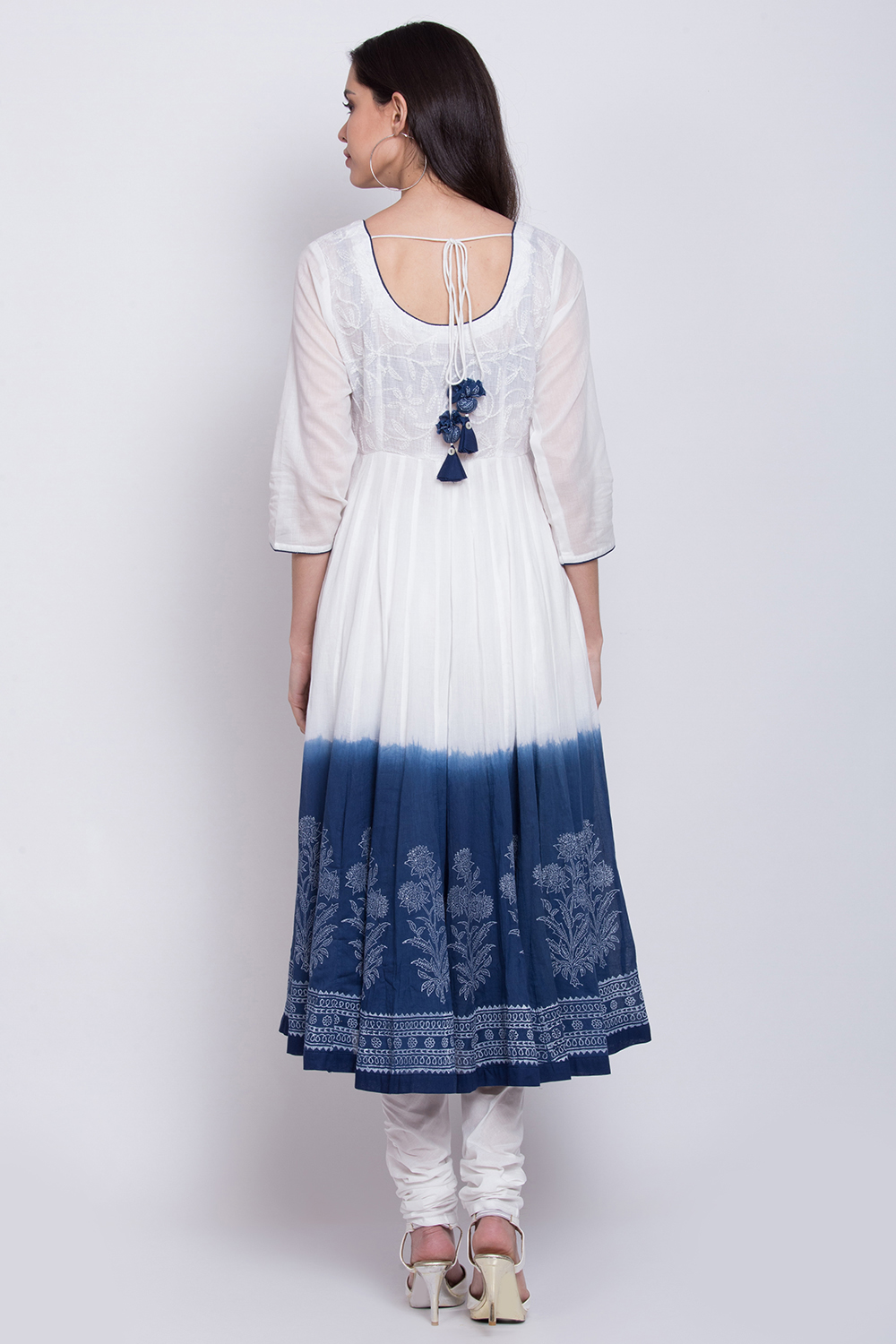 White And Blue Cotton Anarkali Kurta Churidar Suit Set image number 5