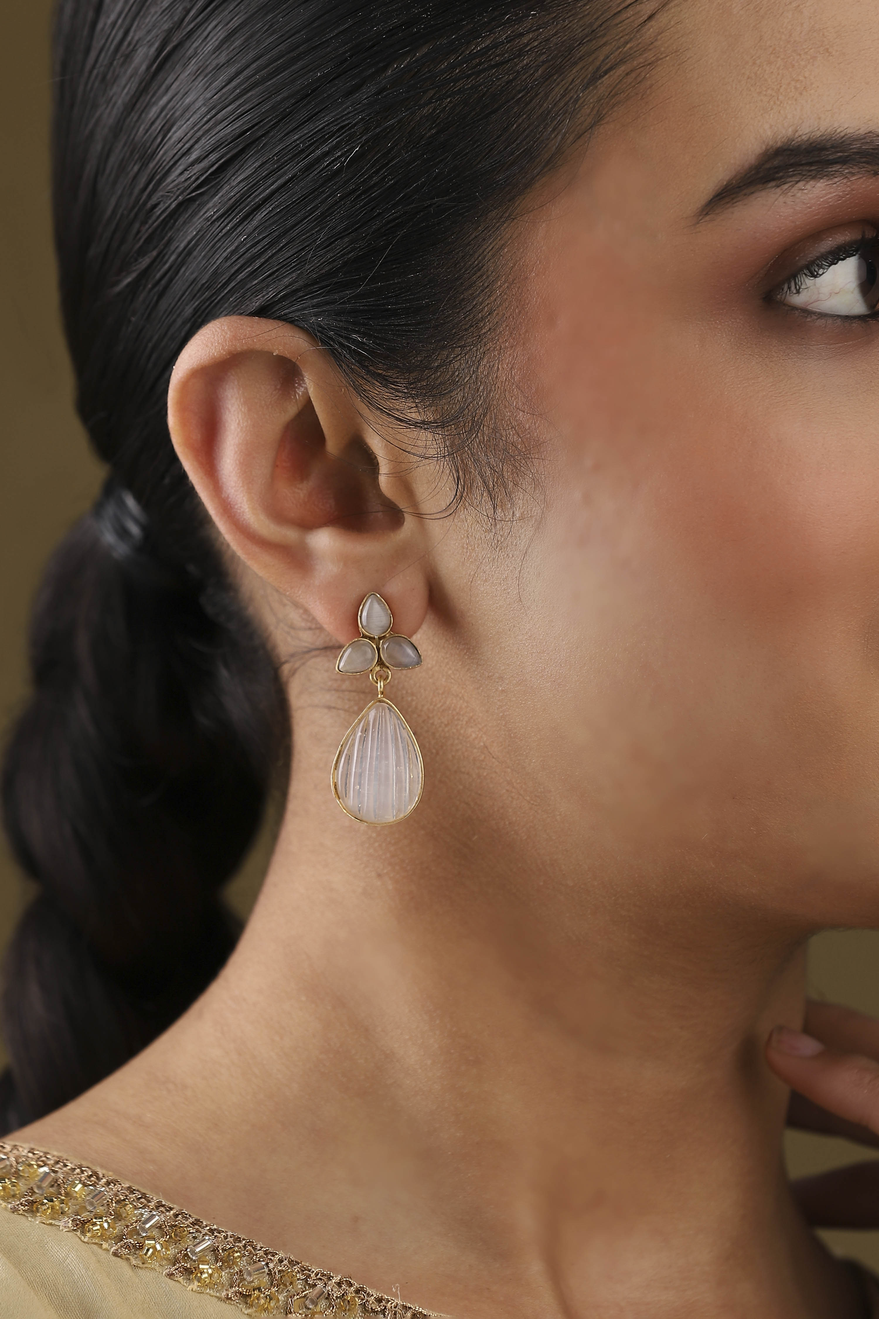 White Gold Plated Brass Studded Drop Earrings image number 1