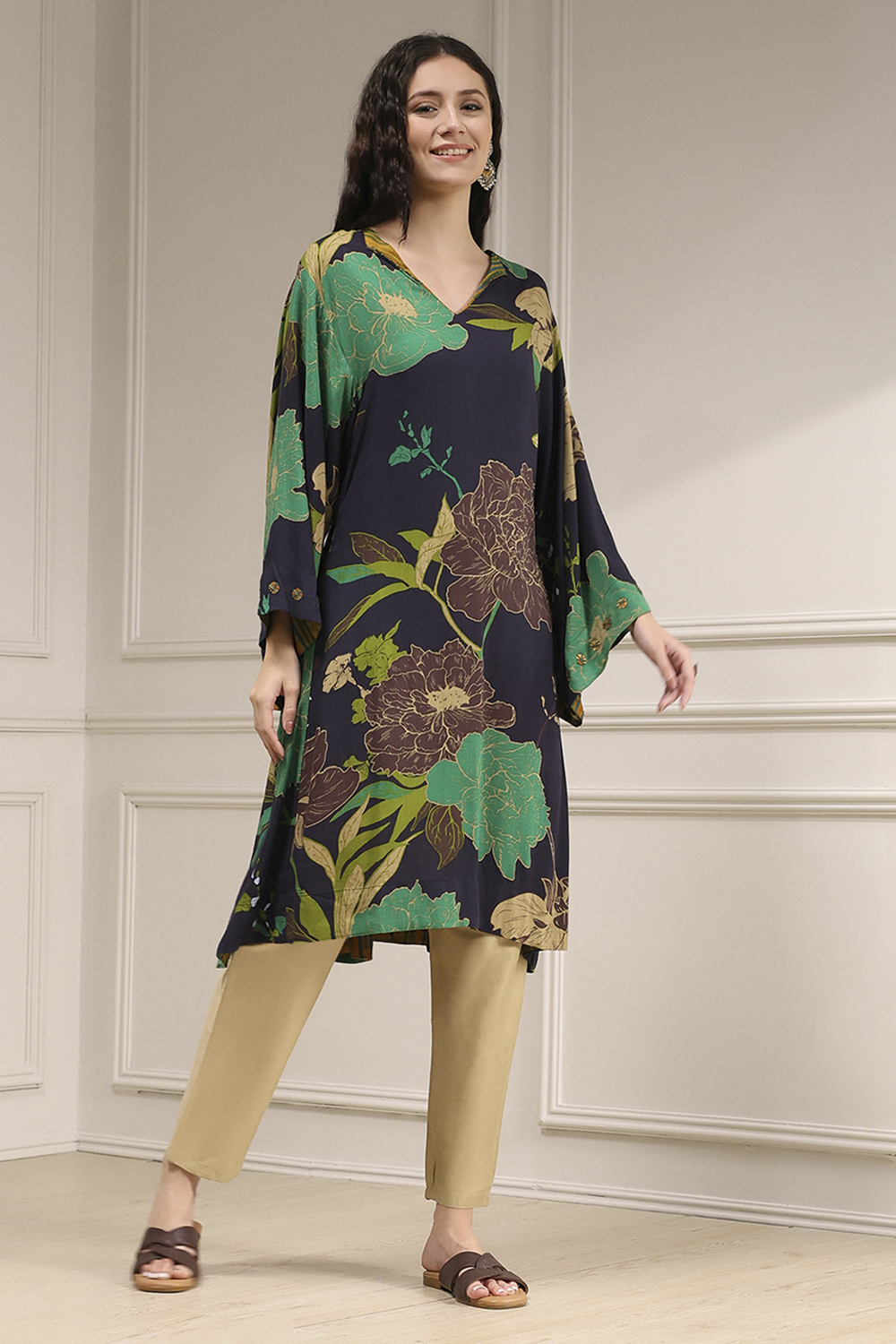Charcoal Viscose Rayon A-Line Printed Kurta image number 3