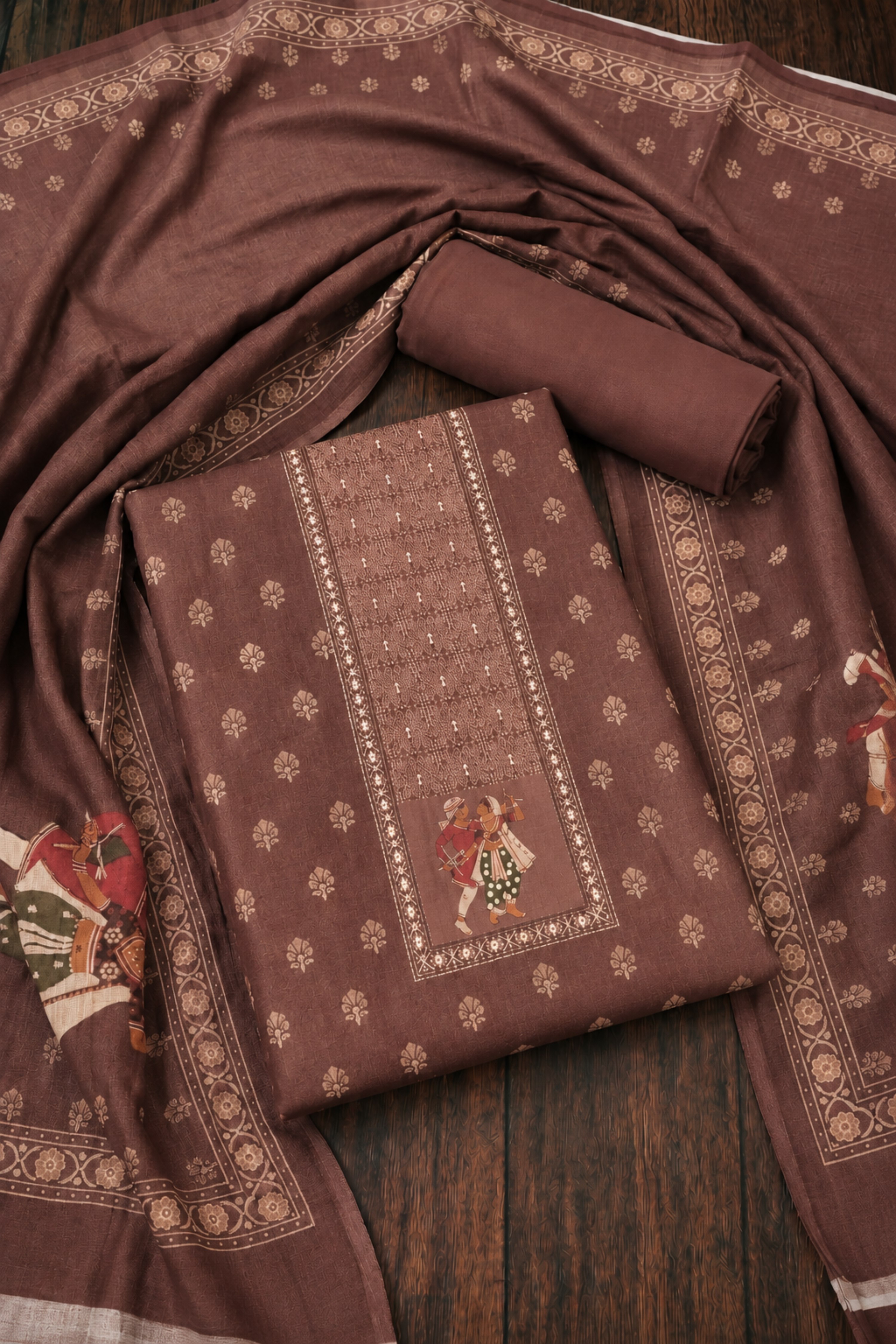 Brown Linen Printed Unstitched Suit Set image number 0