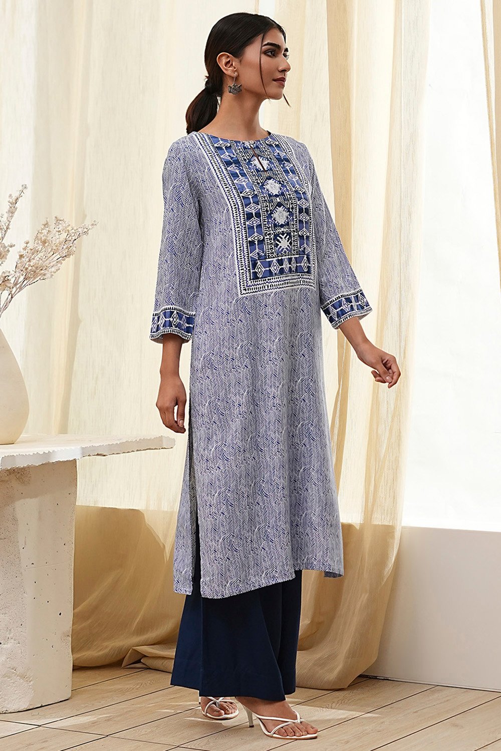 Beige Printed Straight Kurta image number 4