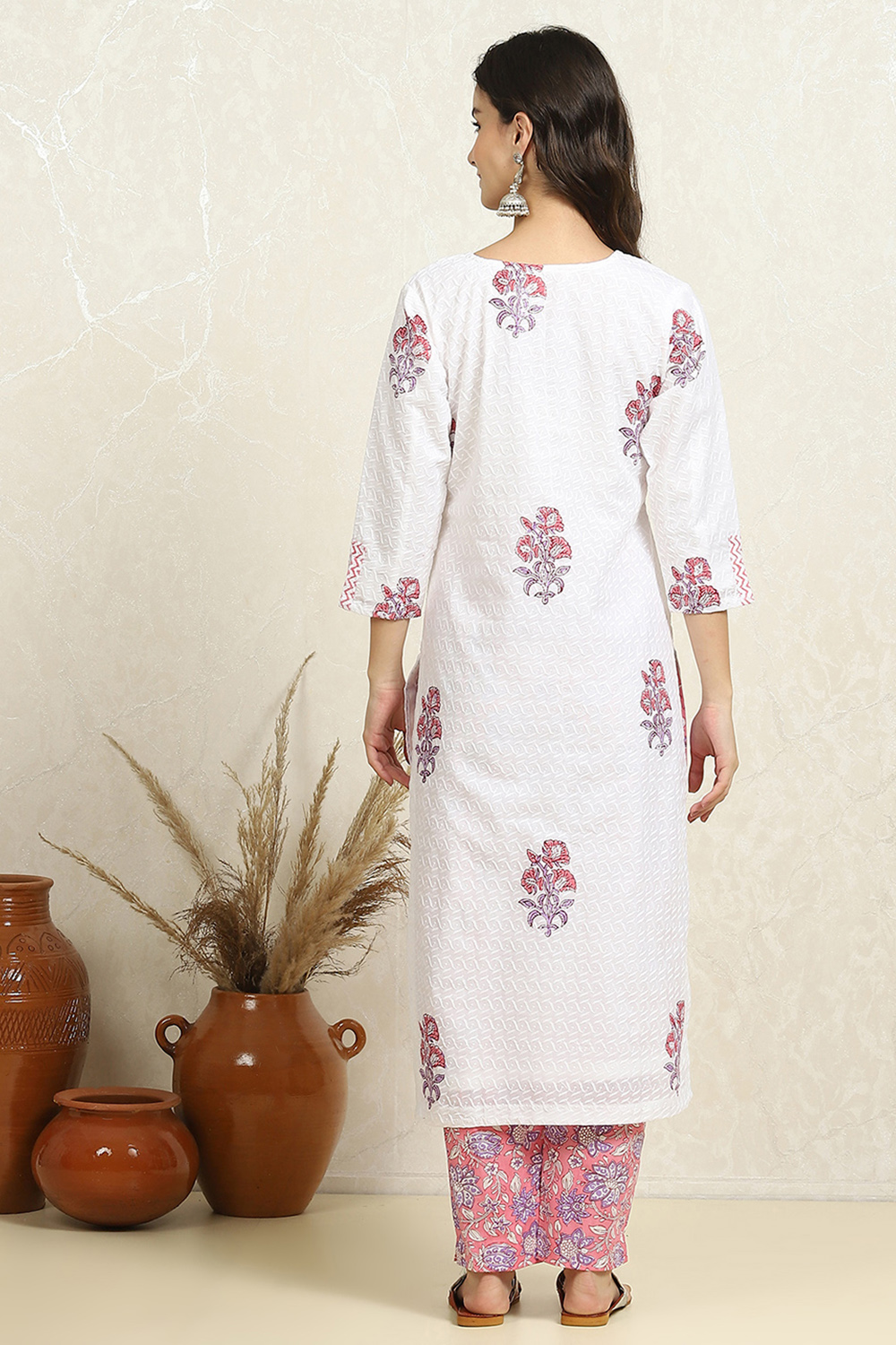 White and Pink Cotton Floral Hand Block Unstitched Suit Set image number 5