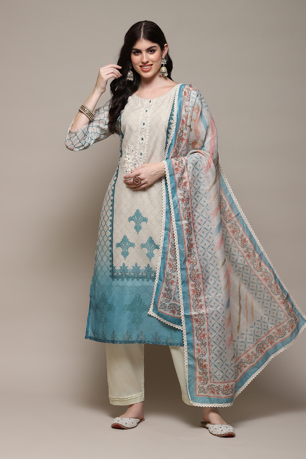 Beige Chanderi Blend Machine Embroidered Unstitched Suit Set image number 1