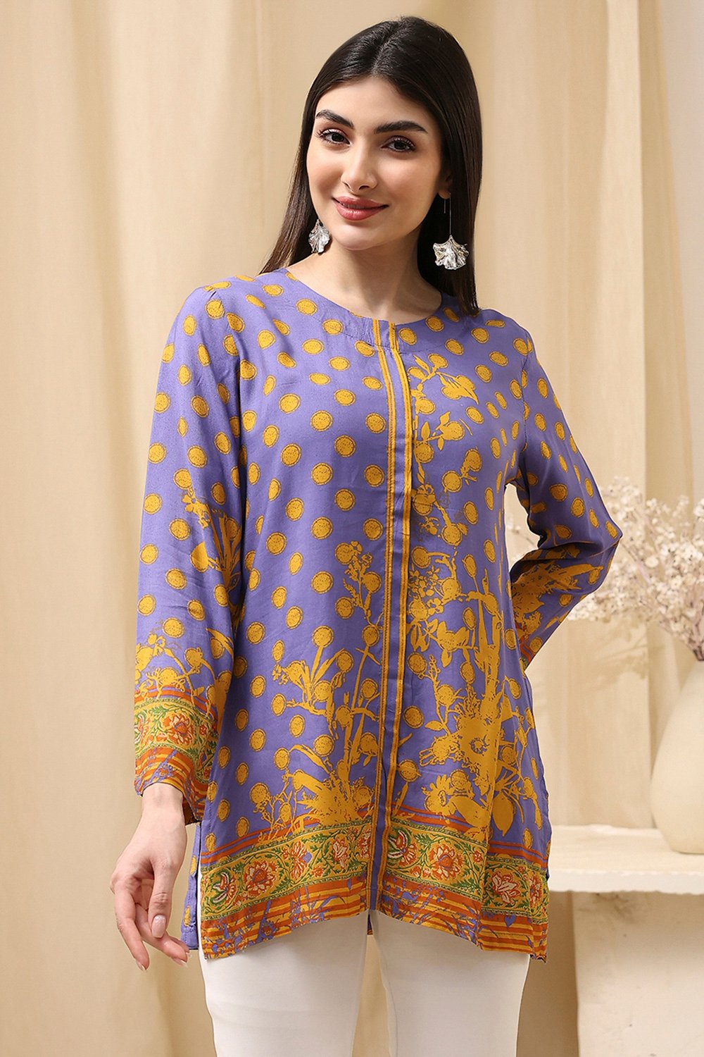 Purple Muslin Printed Straight Short Kurta image number 5