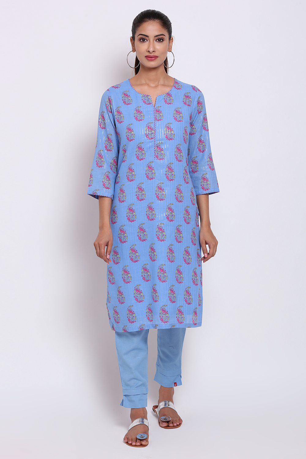 Peach Metallic Cotton Printed Kurta image number 2