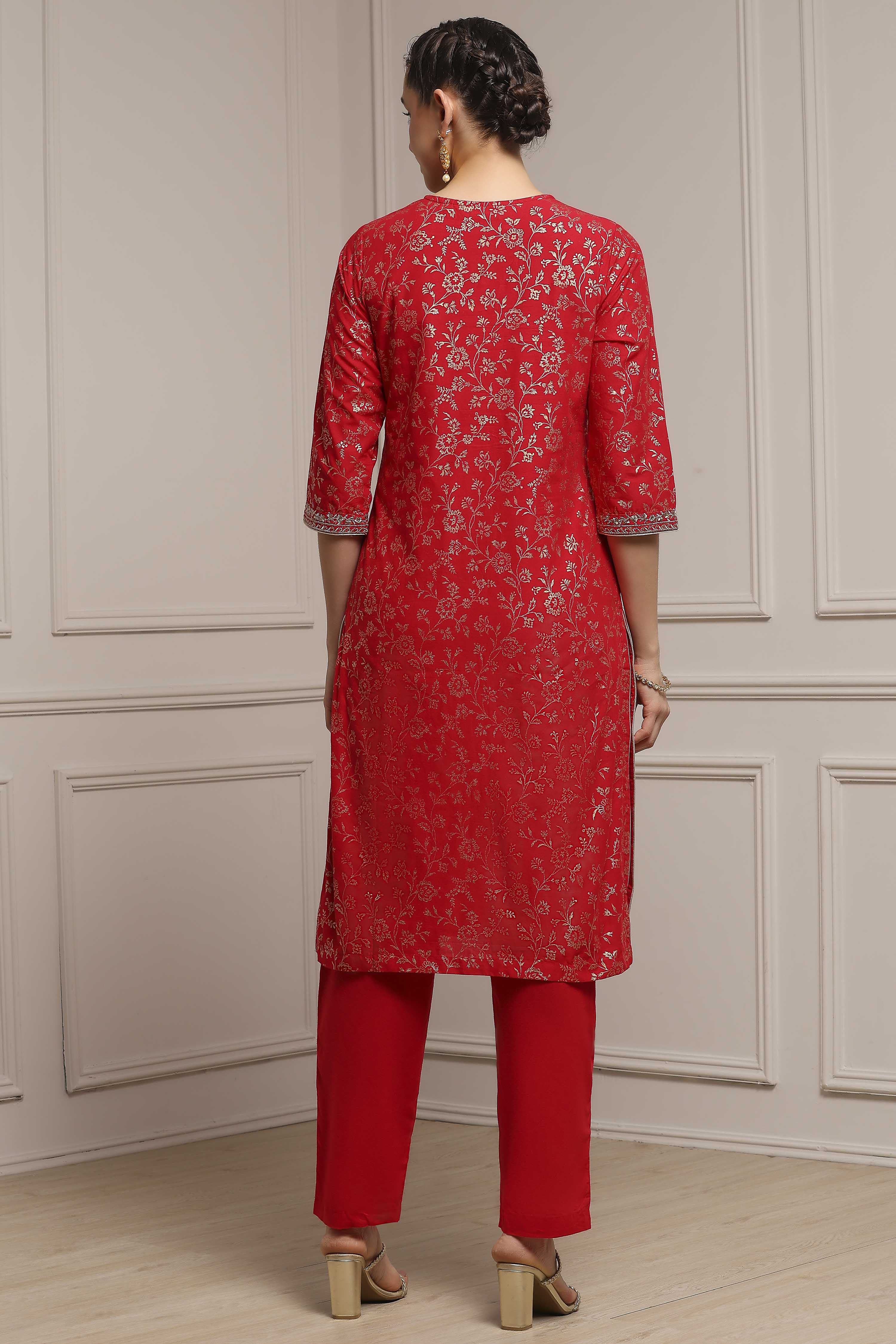 Off-White Cotton Printed Straight Suit Set image number 4