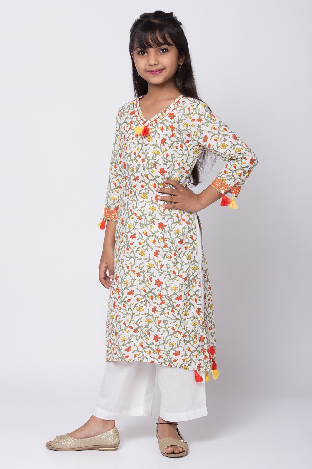 White Cotton A-Line Straight Kurta Palazzo Suit Set image number 2