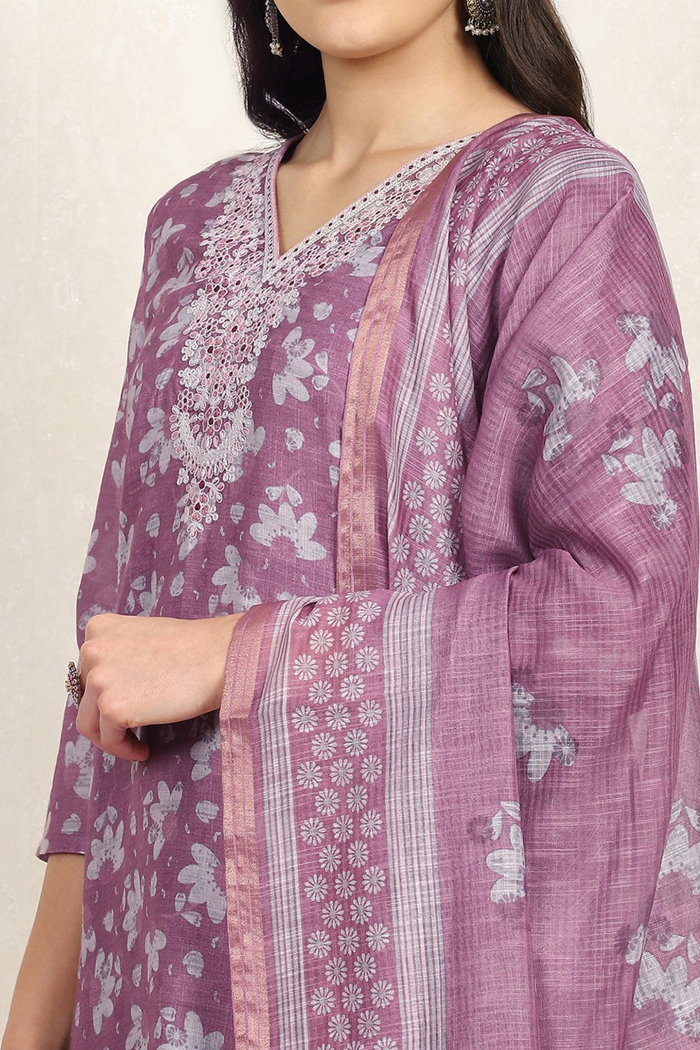Mauve Linen Blend Digital Print Unstitched Suit Set image number 2
