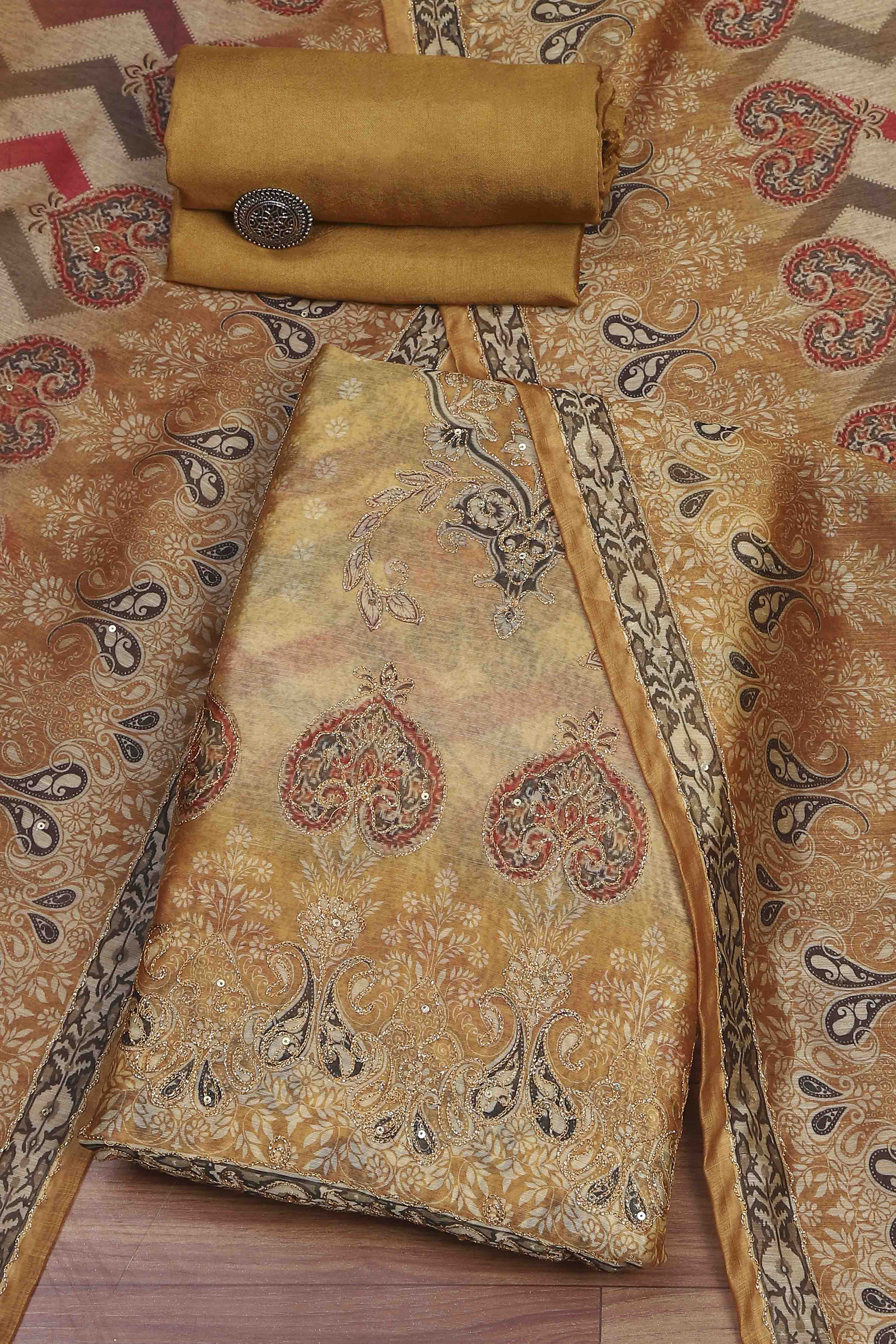 Light Red Chanderi Unstitched Suit Set image number 0