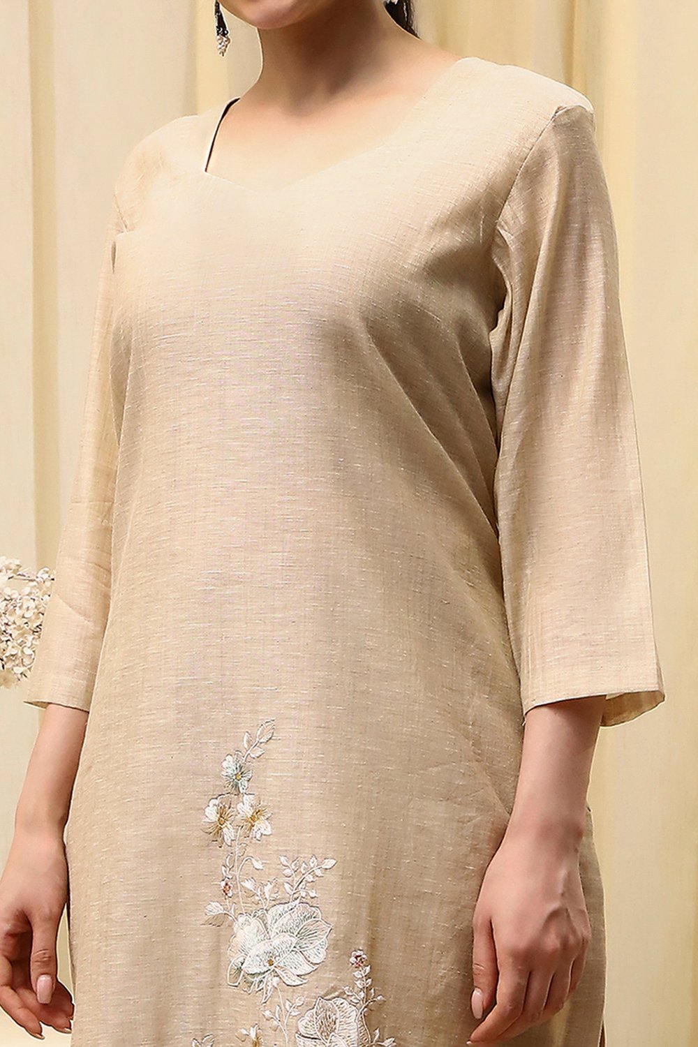 Beige Chanderi Embroidered Unstitched Suit Set image number 2